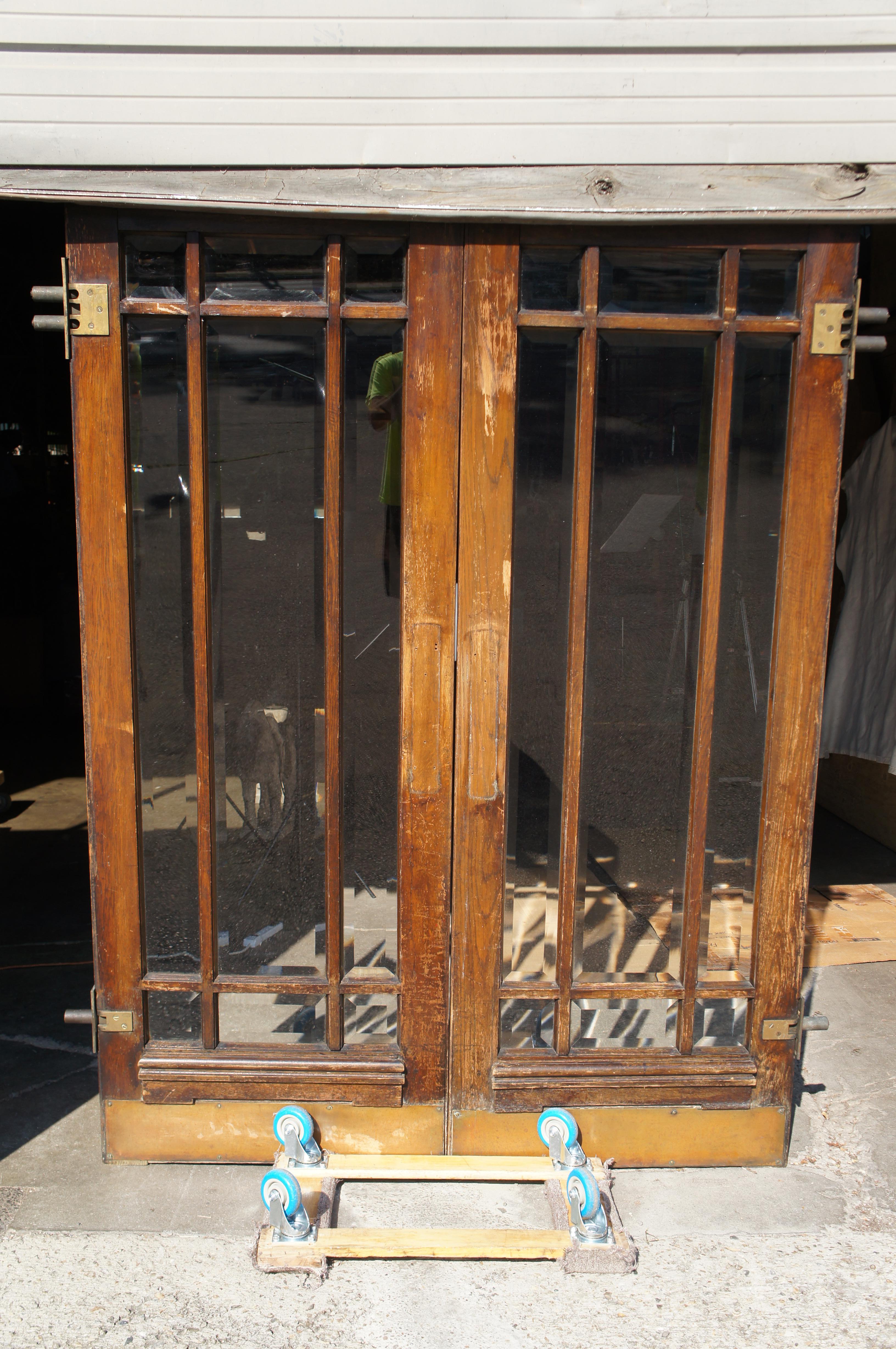 2 Reclaimed Mid C. Oak Mission Craftsman Beveled Glass French Swing Double Doors For Sale 3
