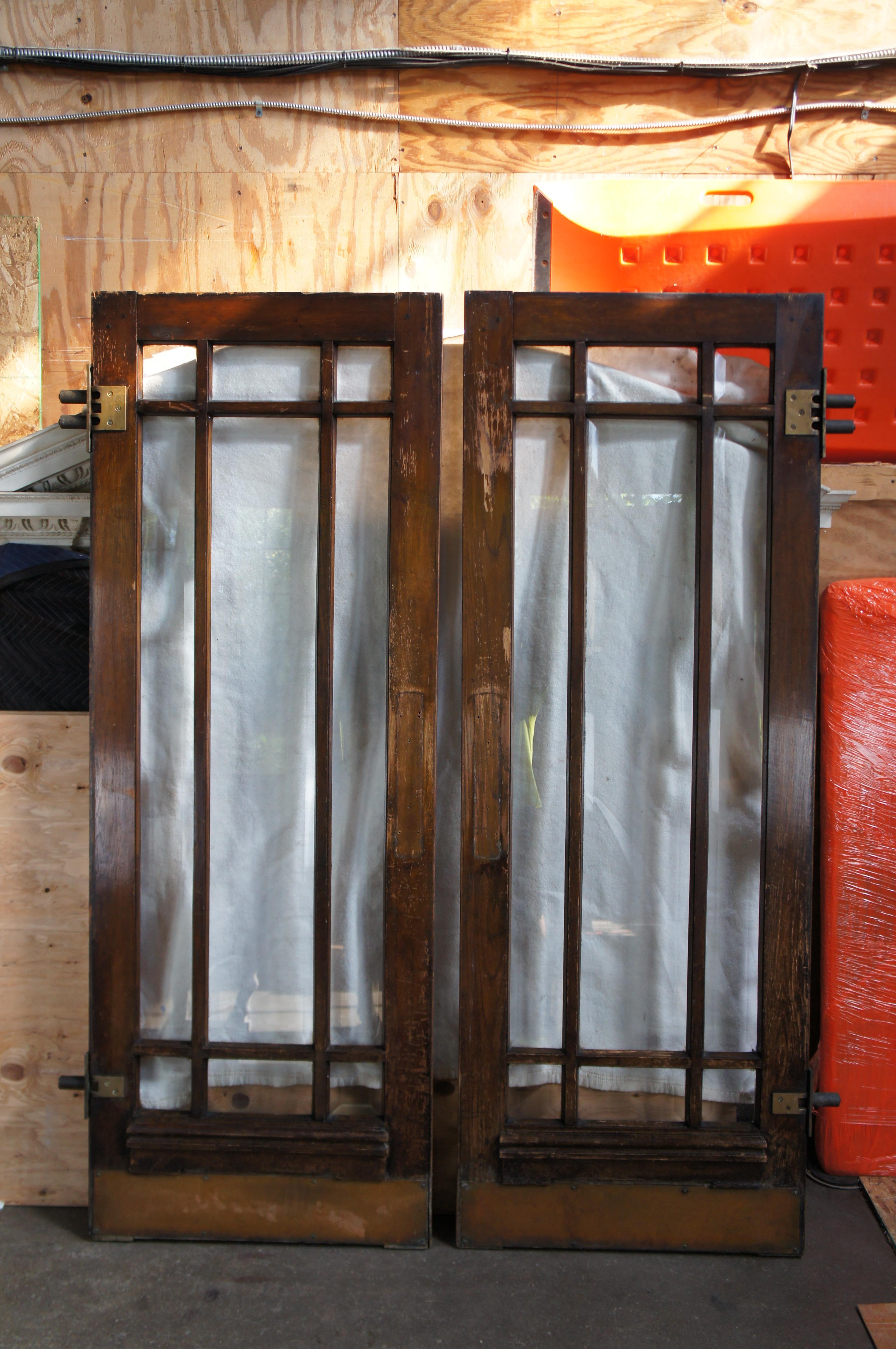 2 Reclaimed Mid C. Oak Mission Craftsman Beveled Glass French Swing Double Doors For Sale 4