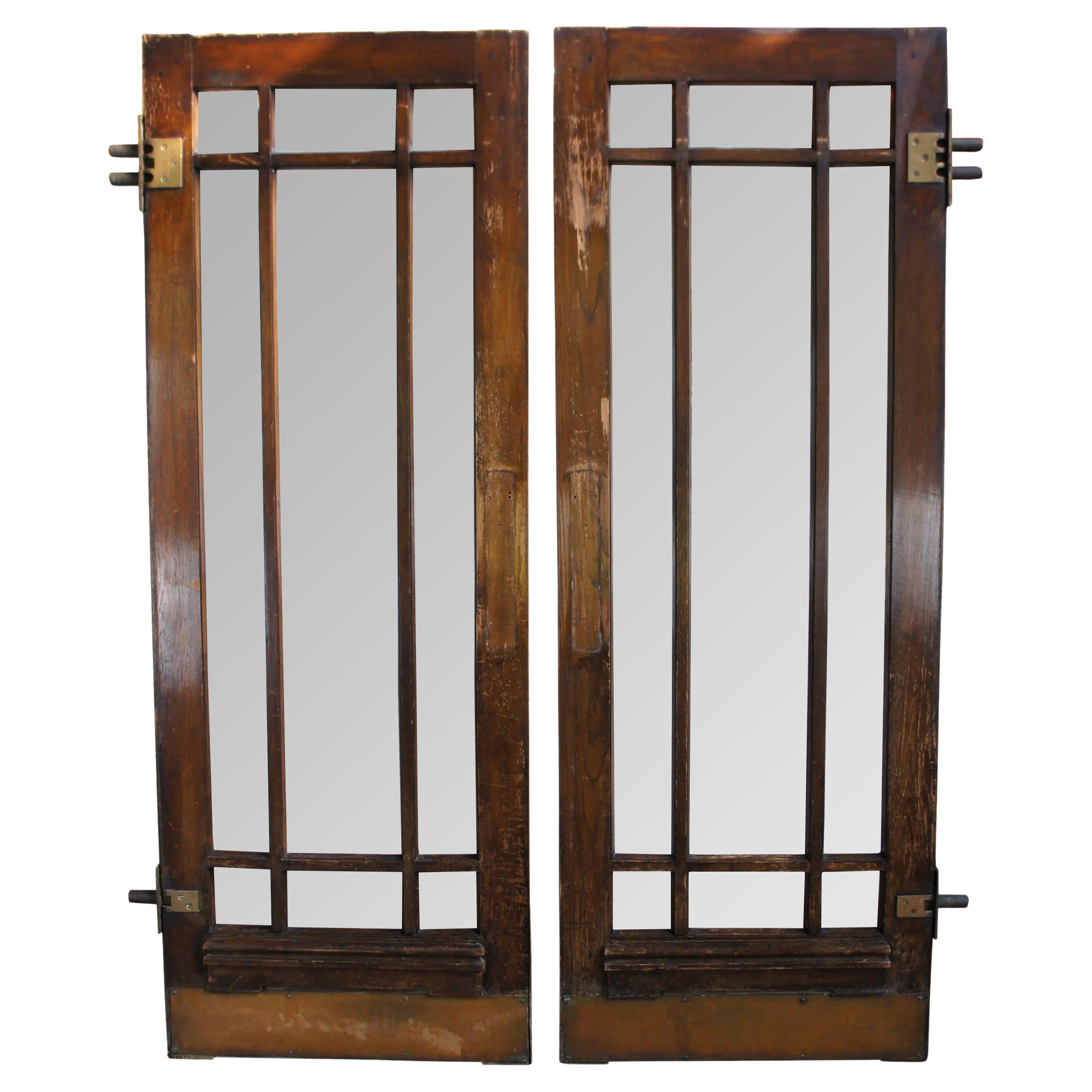 2 Reclaimed Mid C. Oak Mission Craftsman Beveled Glass French Swing Double Doors For Sale