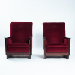 2 red velvet Amsterdam School Art Deco chairs, The Netherlands, 1930s