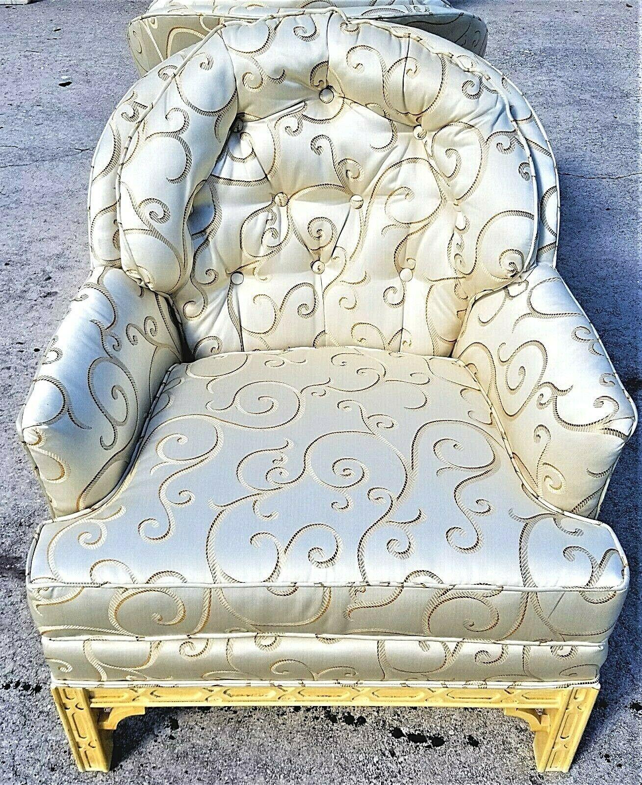 Late 20th Century '2' Regency Asian Chinoiserie Style Tufted Club Chairs For Sale