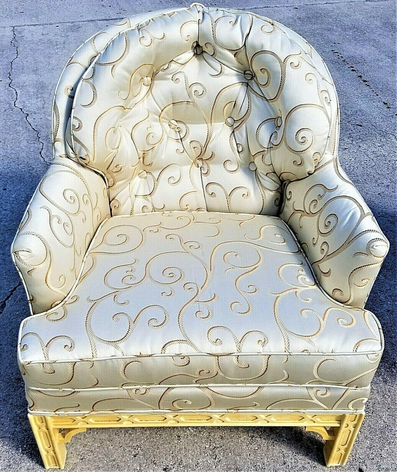 Satin '2' Regency Asian Chinoiserie Style Tufted Club Chairs For Sale