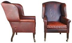 2 Restoration Hardware Asher Brown Leather Wingback Chairs English Fireside Pair