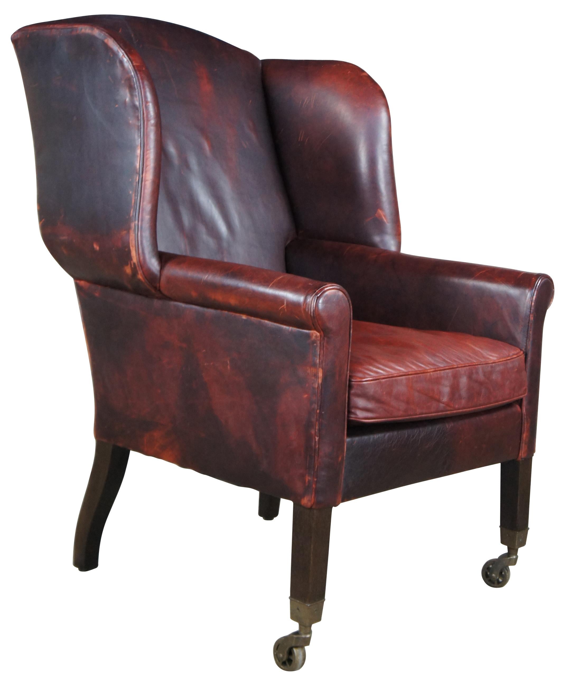 2 Restoration Hardware Asher Brown Leather Wingback Chairs English Fireside Pair In Good Condition In Dayton, OH