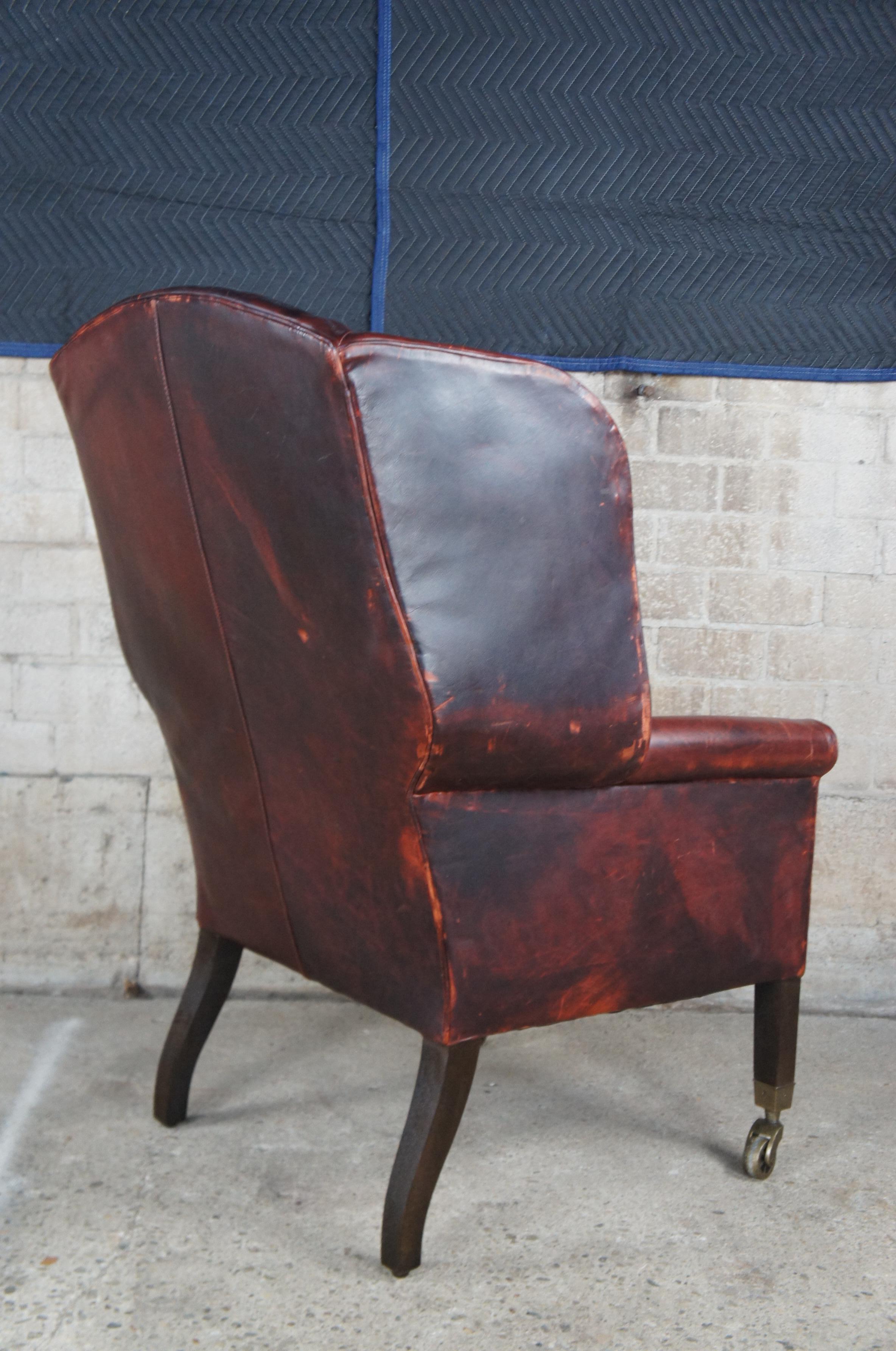 20th Century 2 Restoration Hardware Asher Brown Leather Wingback Chairs English Fireside Pair