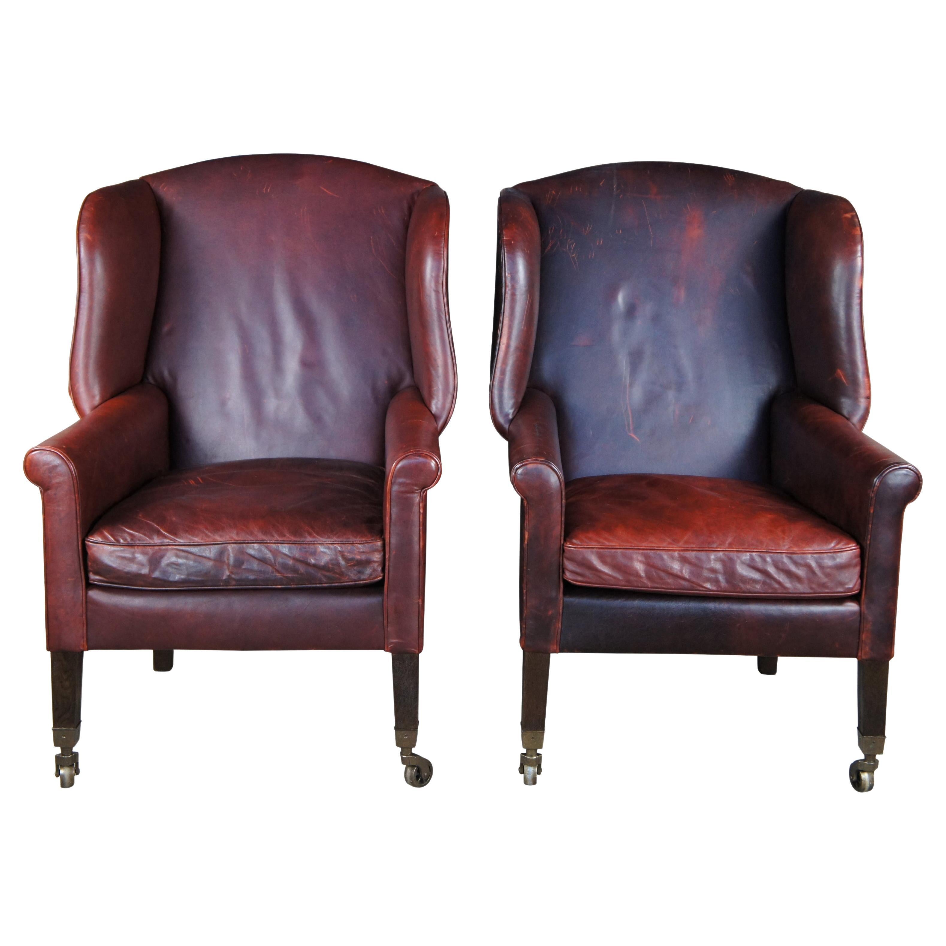 2 Restoration Hardware Asher Brown Leather Wingback Chairs English Fireside Pair