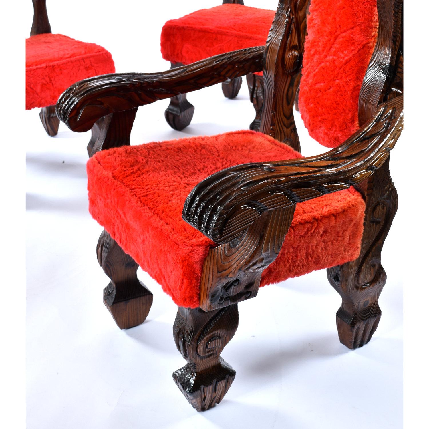 Chaises trônes vintage Witco Conquistador Tiki '2' restaurées en fourrure rouge d'origine en vente 5