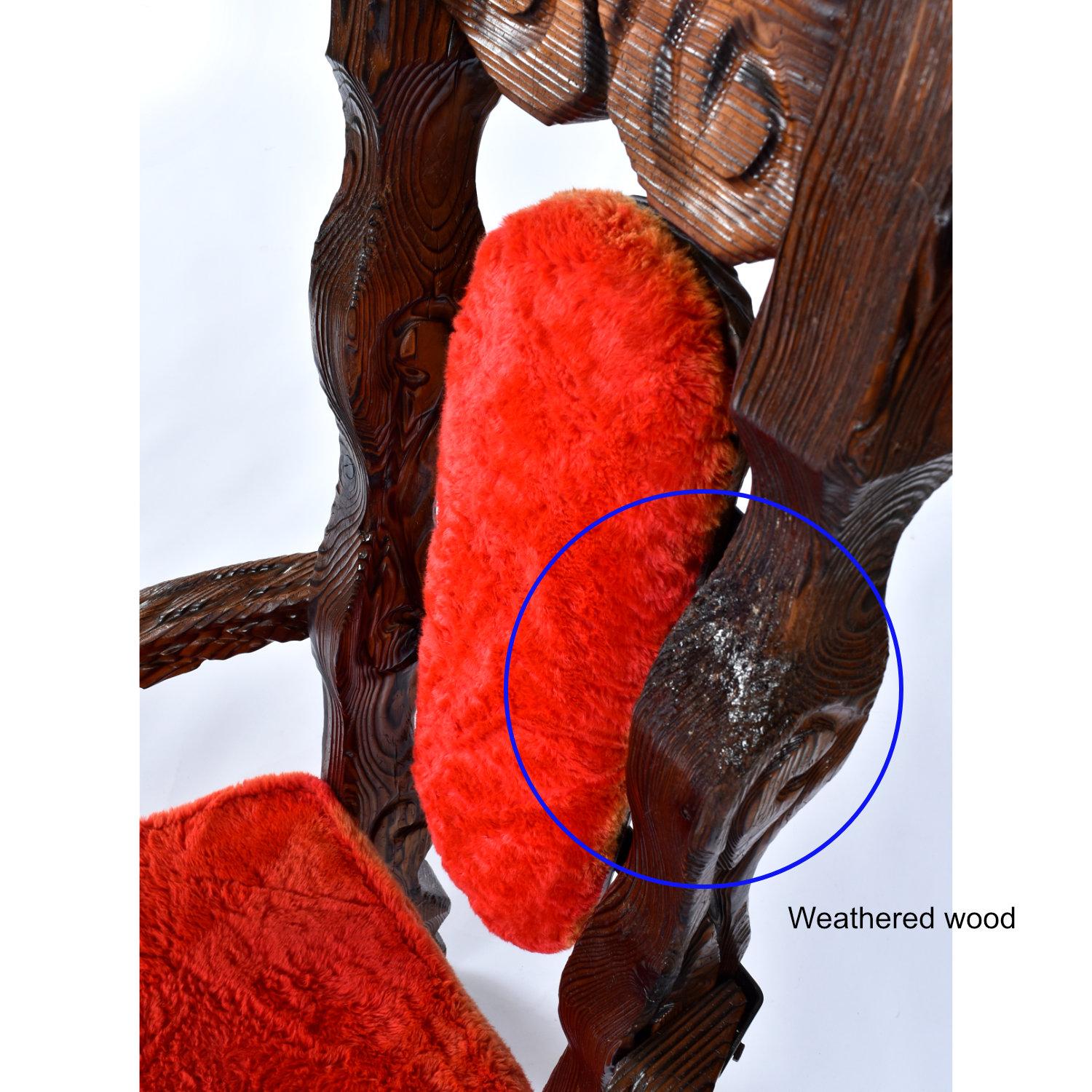 Chaises trônes vintage Witco Conquistador Tiki '2' restaurées en fourrure rouge d'origine en vente 9