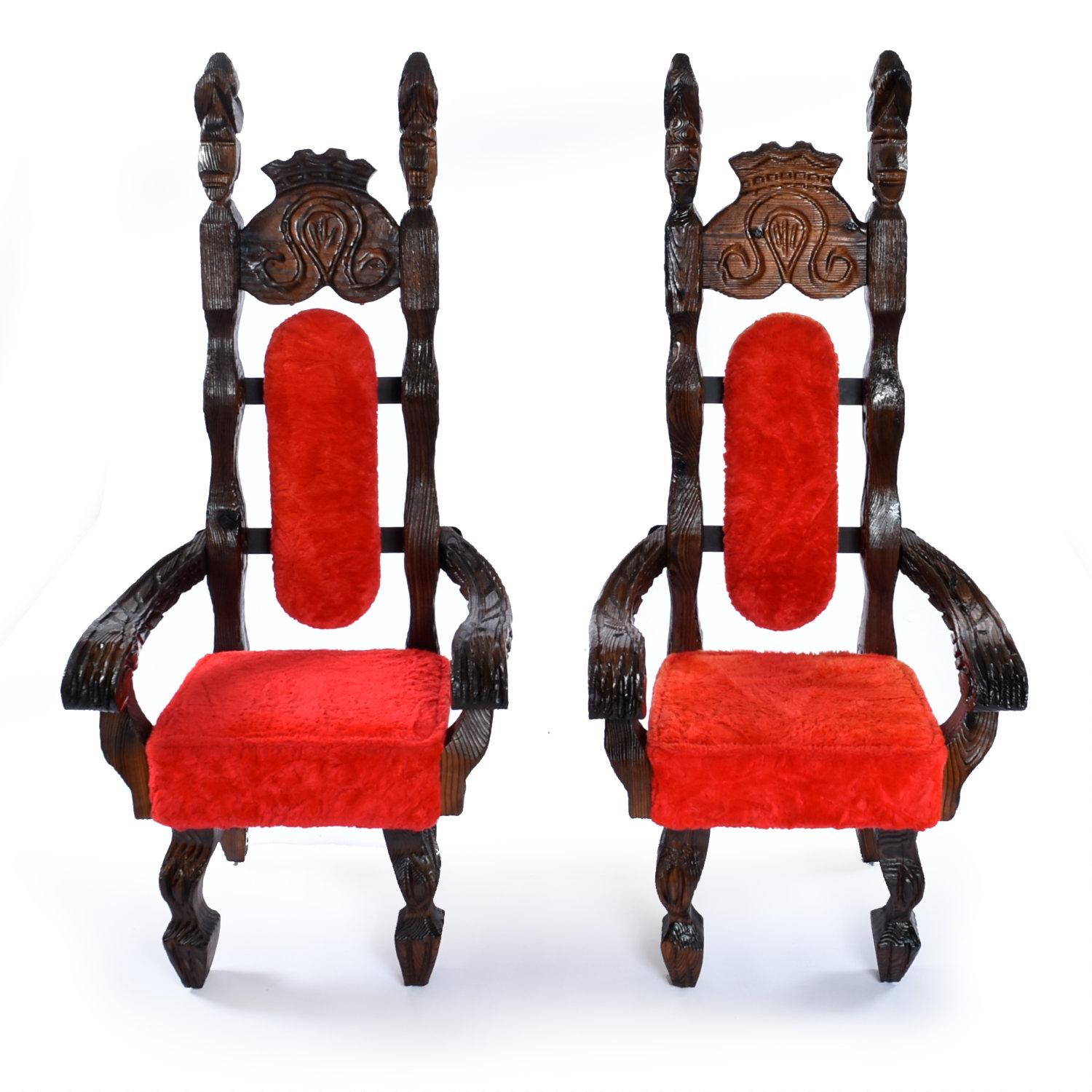 Mid-Century Modern '2' Restored Vintage Witco Conquistador Tiki Throne Chairs in Original Red Fur For Sale