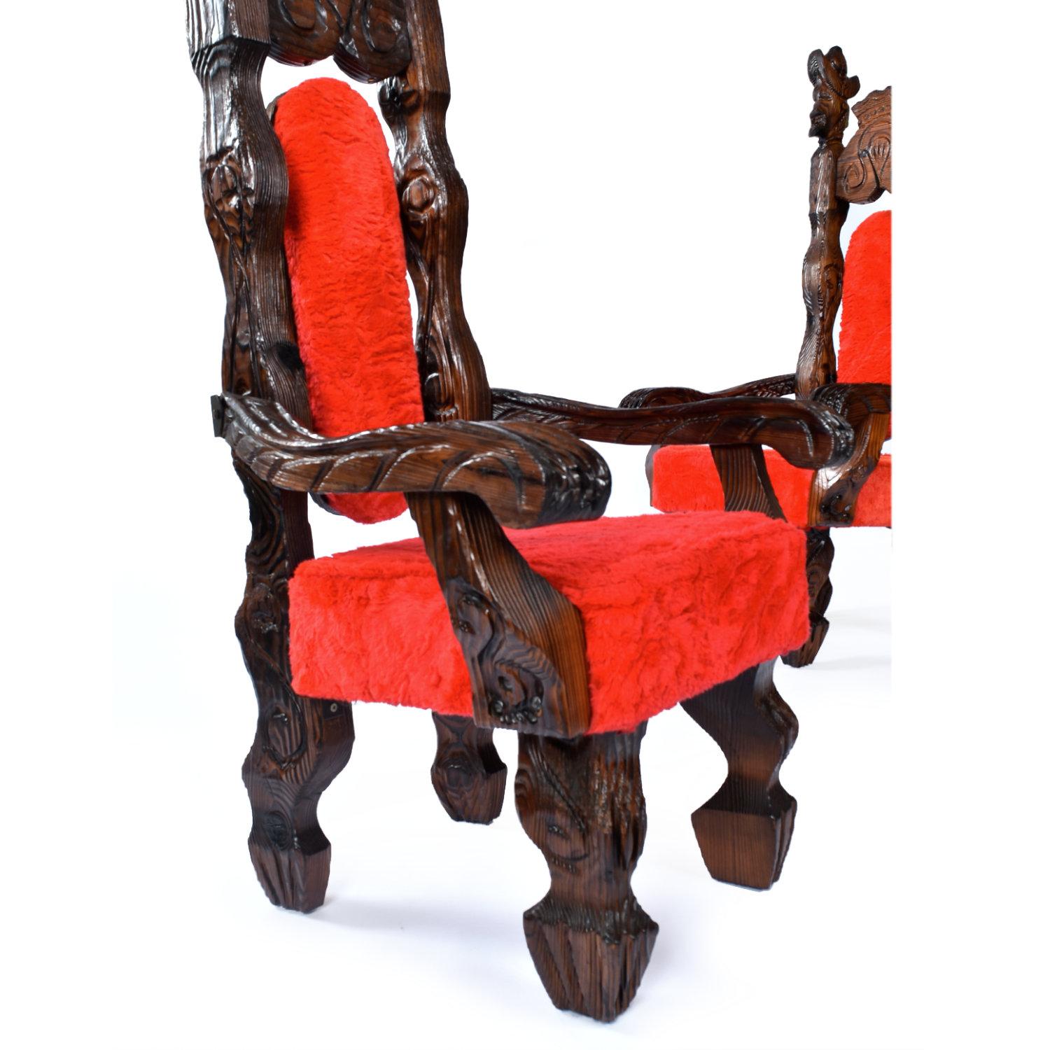 '2' Restored Vintage Witco Conquistador Tiki Throne Chairs in Original Red Fur For Sale 2