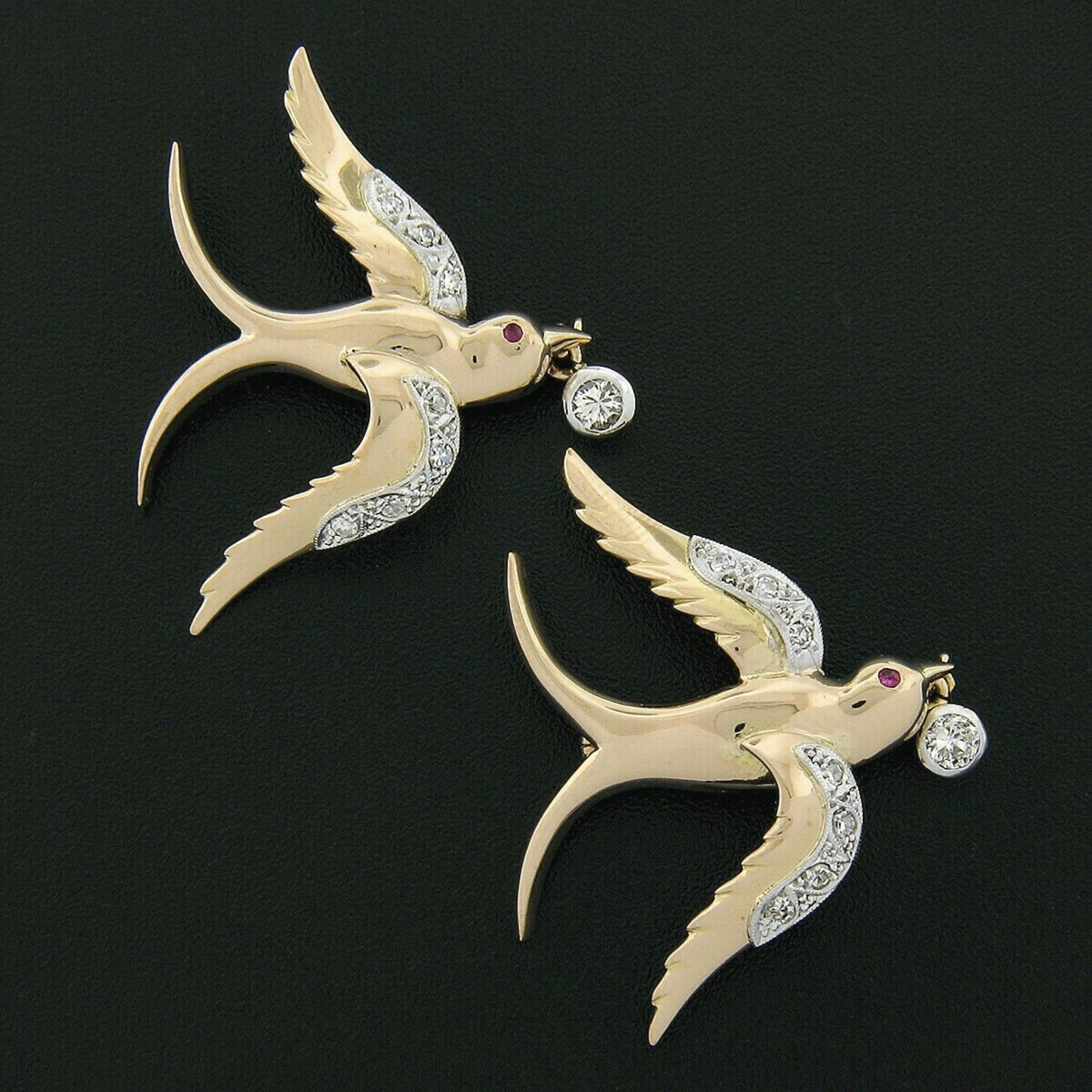 Here we have two vintage brooch pins that are crafted from solid 18k yellow gold and platinum with each featuring a beautiful matching swallow bird design. These well crafted brooches have a nice polished finish throughout and are adorned with very