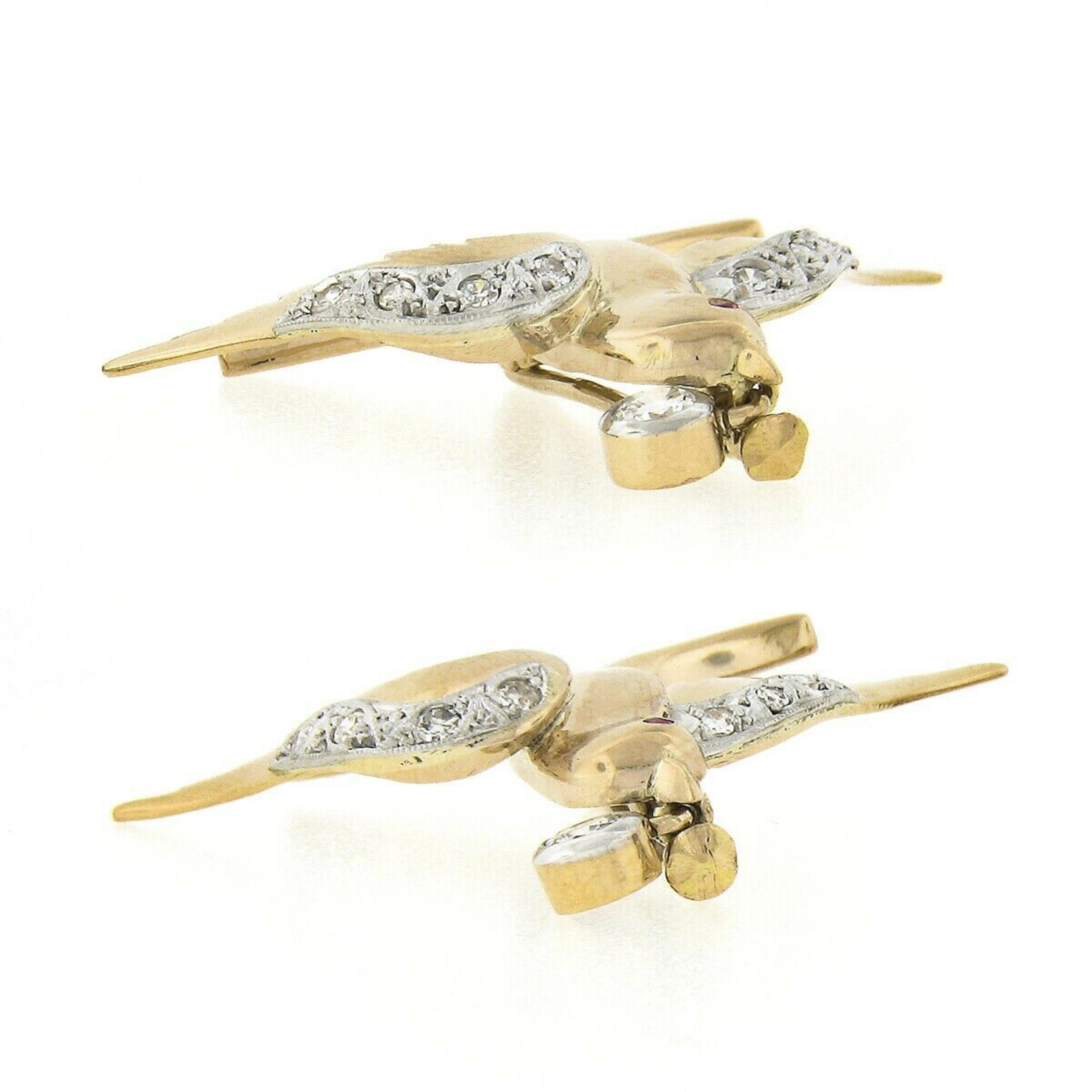 '2' Retro Vintage 18k Gold Platinum Diamond & Ruby Pair of Swallow Bird Brooch In Good Condition For Sale In Montclair, NJ