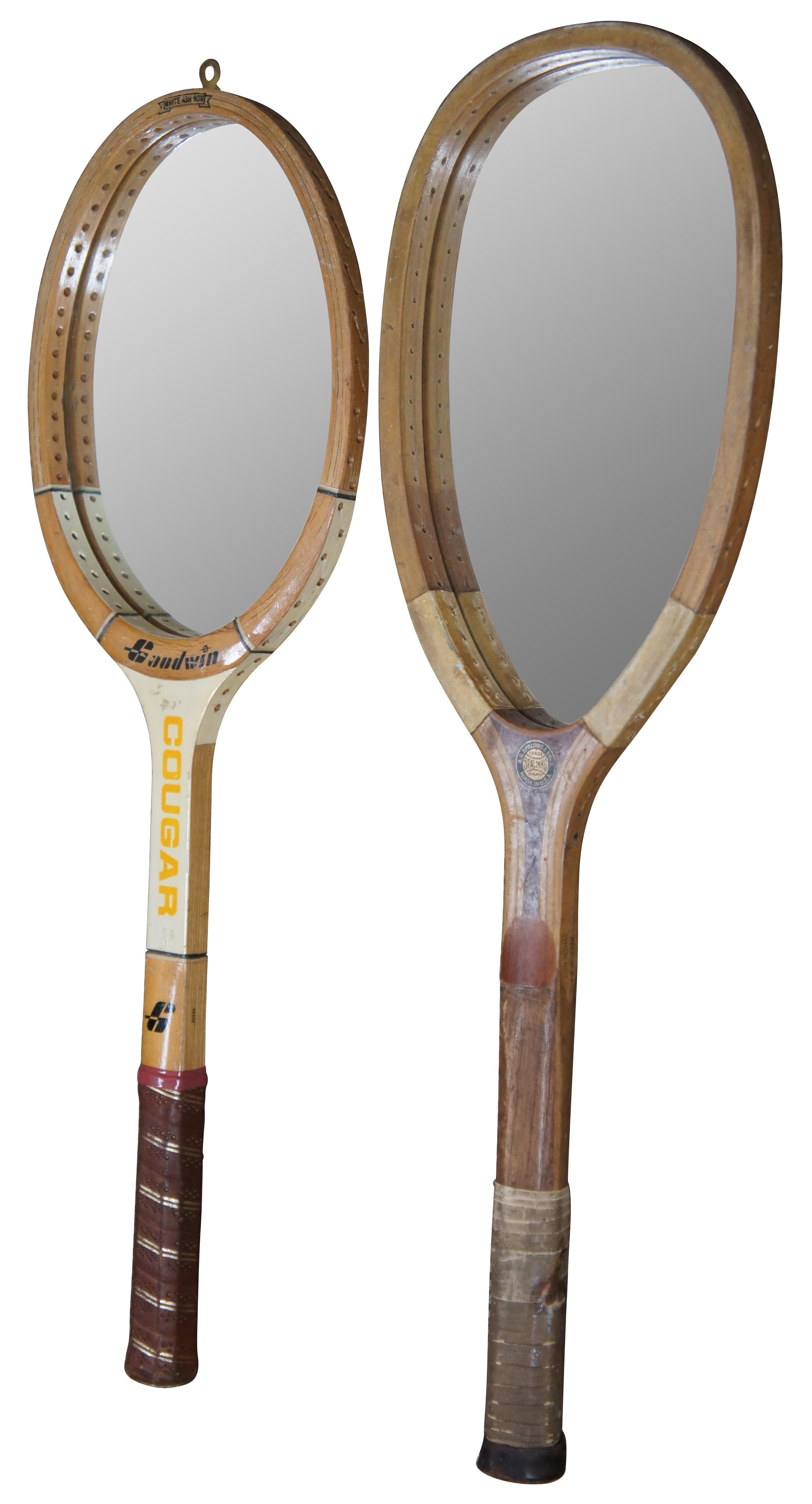 Pair of wall mirrors upcycled from vintage tennis rackets, one Goodwin Cougar and the other Spaulding & Bros Alexander.