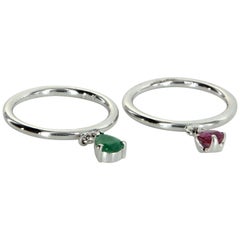 2 Ring Charm Set Vintage Ruby Emerald 14 Karat White Gold Estate Fine Jewelry