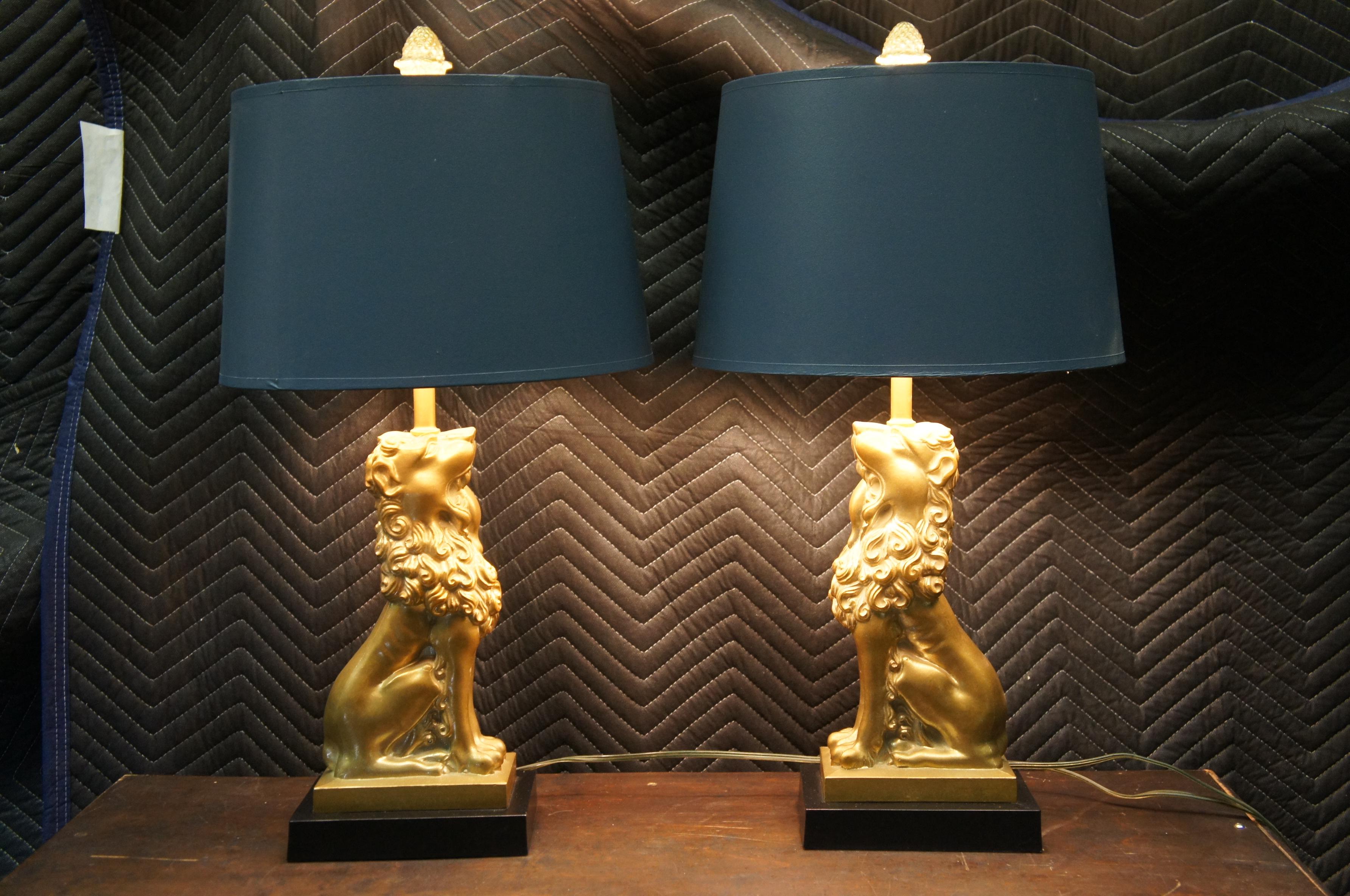 2 Robert Abbey Regency Figural Brass Seated Lion Buffet Table Lamps & Shade Pair 6