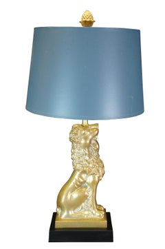2 Robert Abbey Regency Figural Brass Seated Lion Buffet Table Lamps & Shade Pair