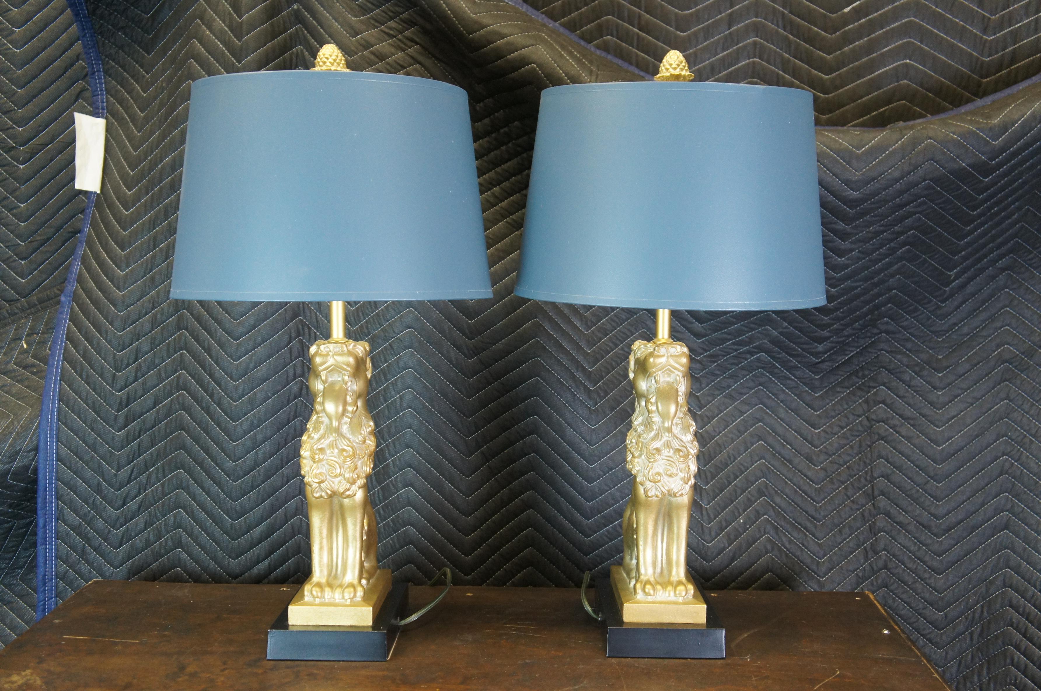 20th Century 2 Robert Abbey Regency Figural Brass Seated Lion Buffet Table Lamps & Shade Pair