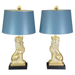 2 Robert Abbey Regency Figural Brass Seated Lion Buffet Table Lamps & Shade Pair