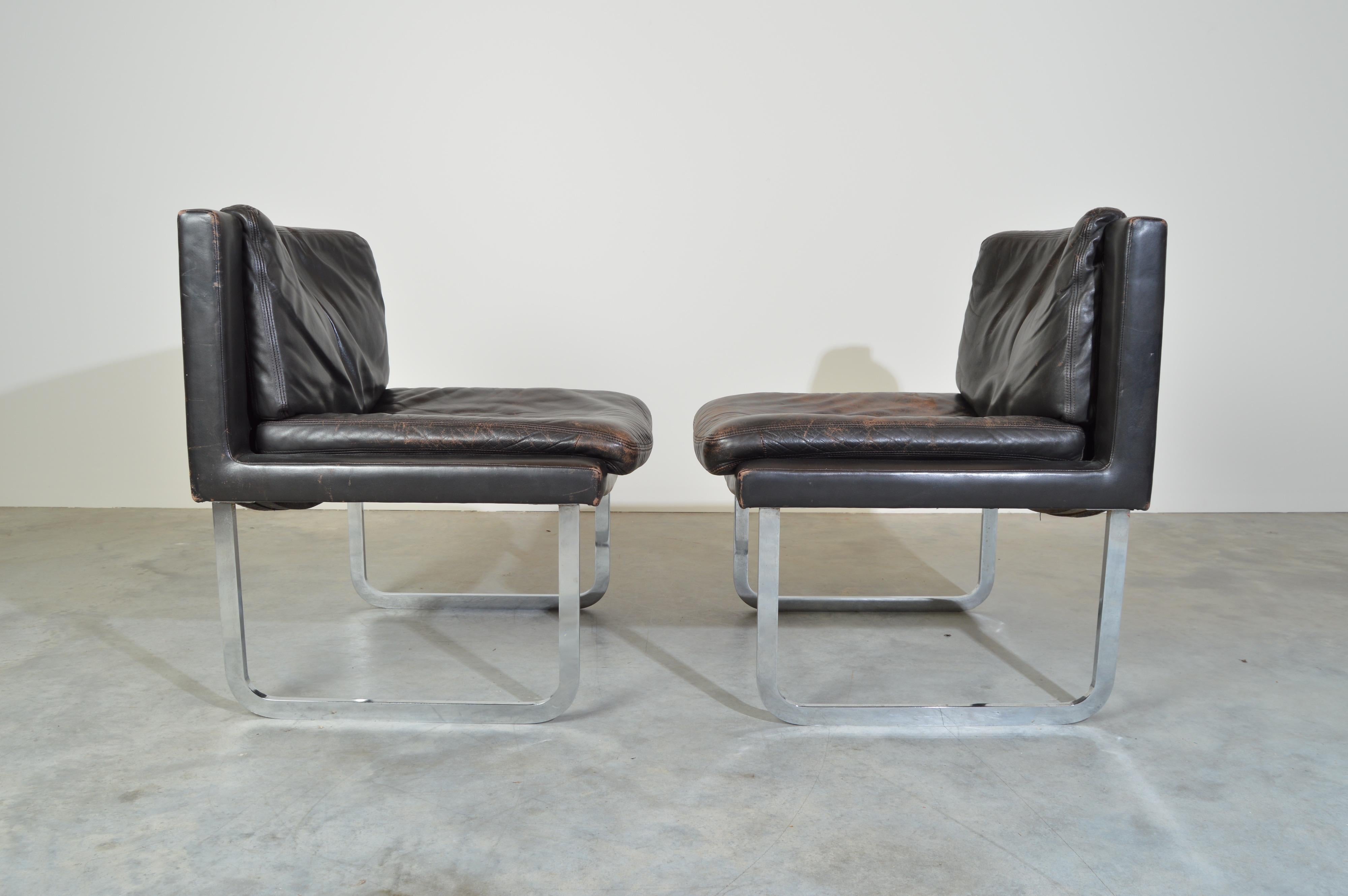 Scandinavian Modern 2 Robert Haussmann for De Sede Leather & Chrome Cantilever Lounge Chairs, 1970s