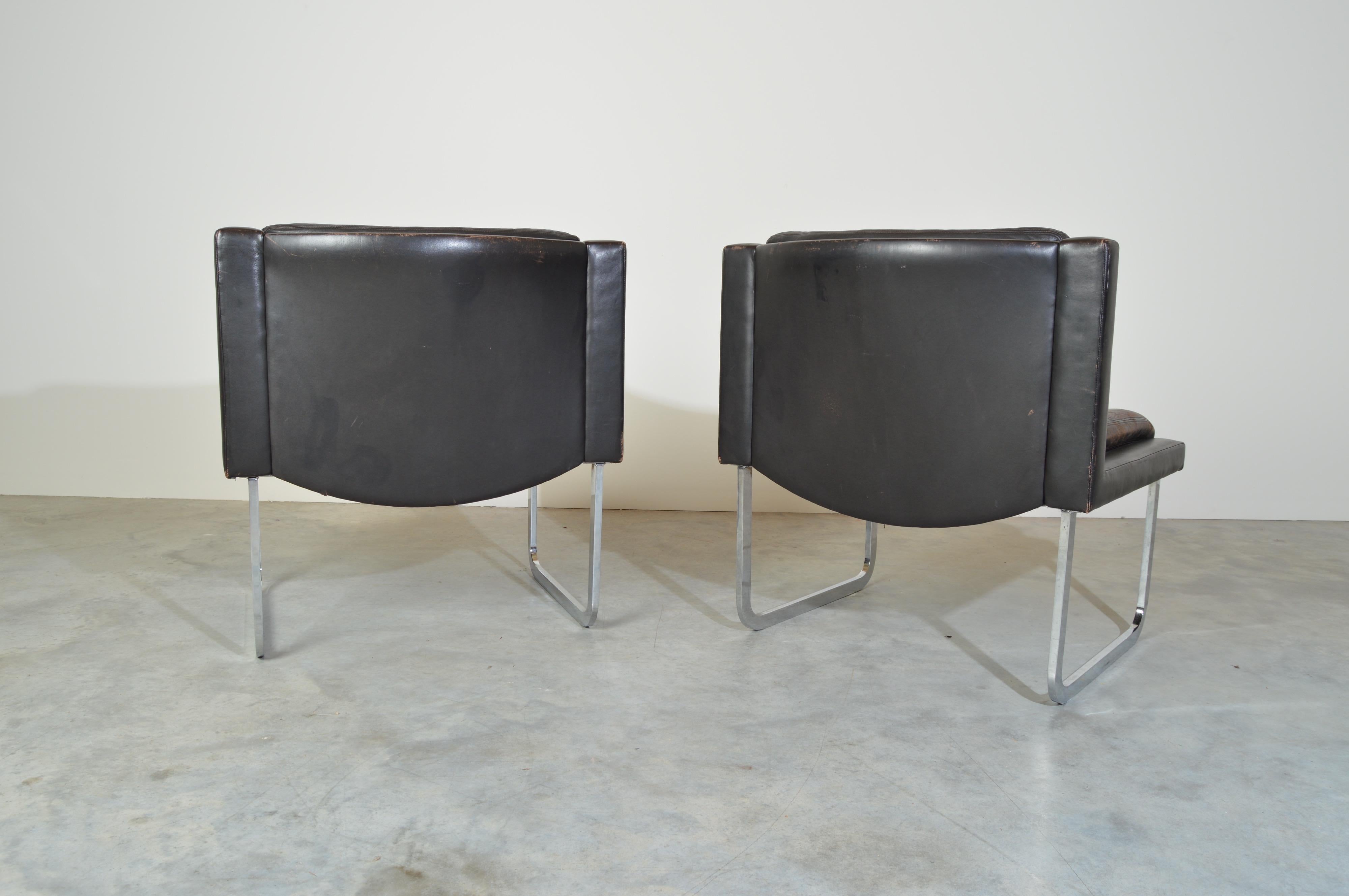 Swedish 2 Robert Haussmann for De Sede Leather & Chrome Cantilever Lounge Chairs, 1970s