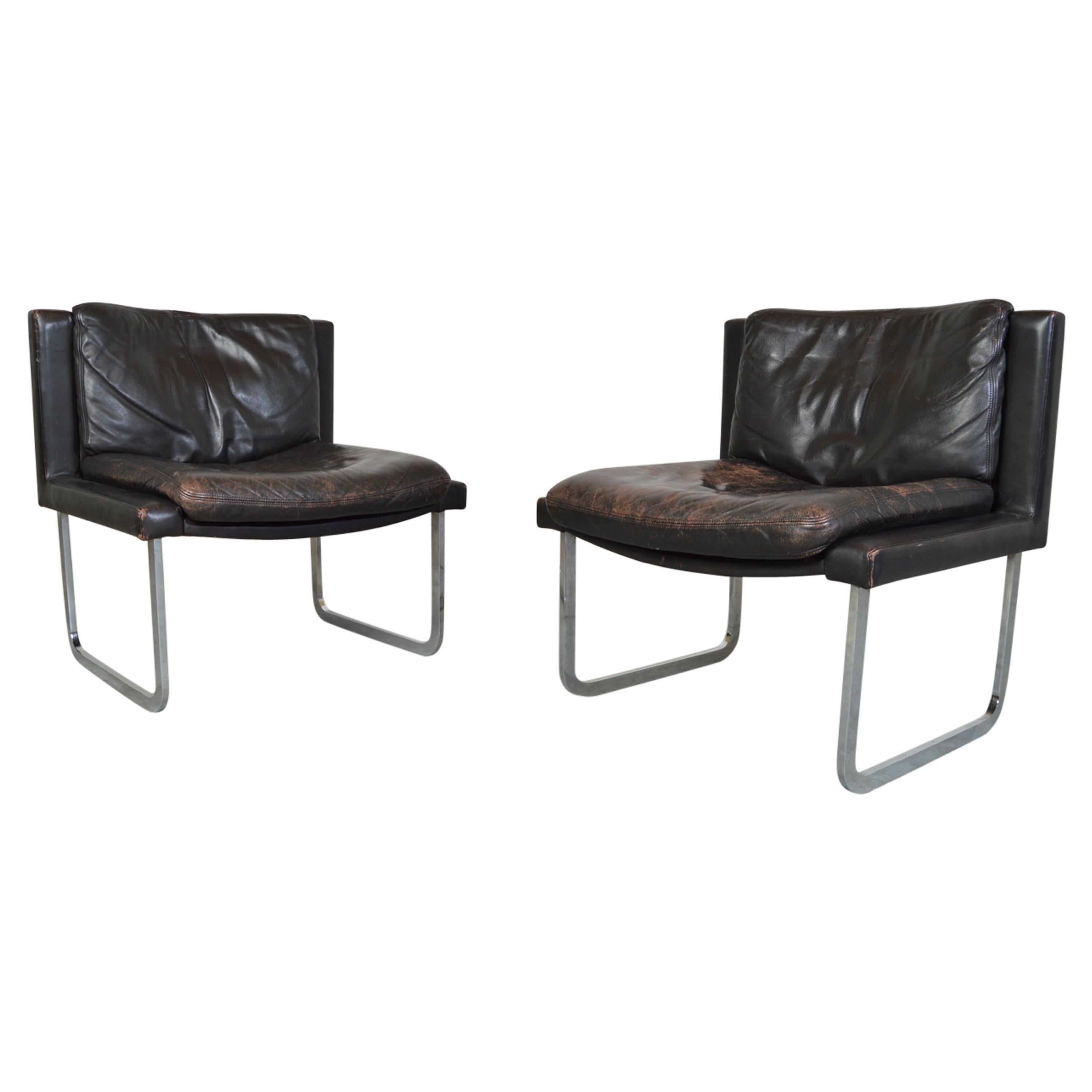 2 Robert Haussmann for De Sede Leather & Chrome Cantilever Lounge Chairs, 1970s