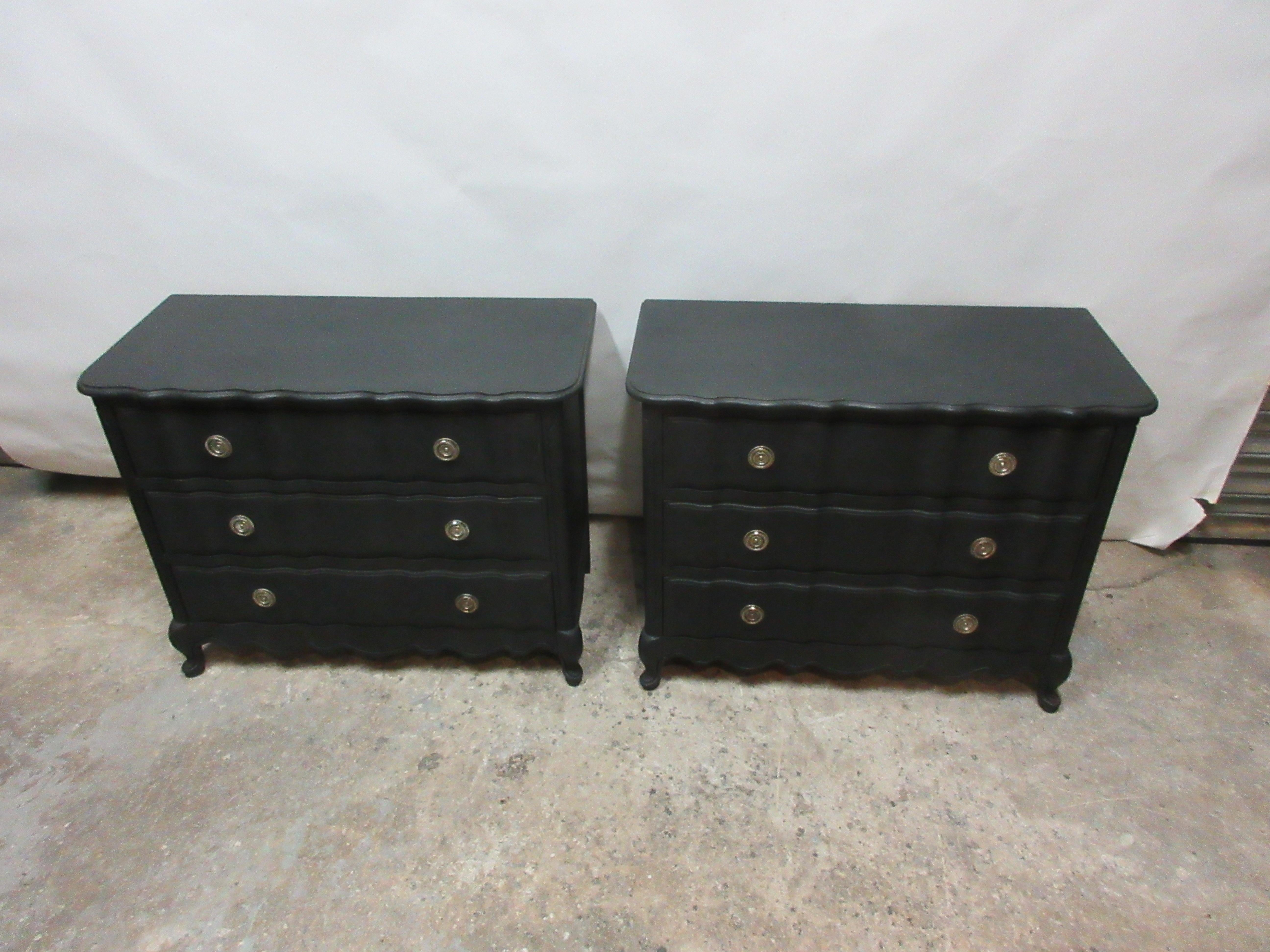 This is a set of 2 Rococo style 3 drawer chest. They have been restored and repainted with milk paints 