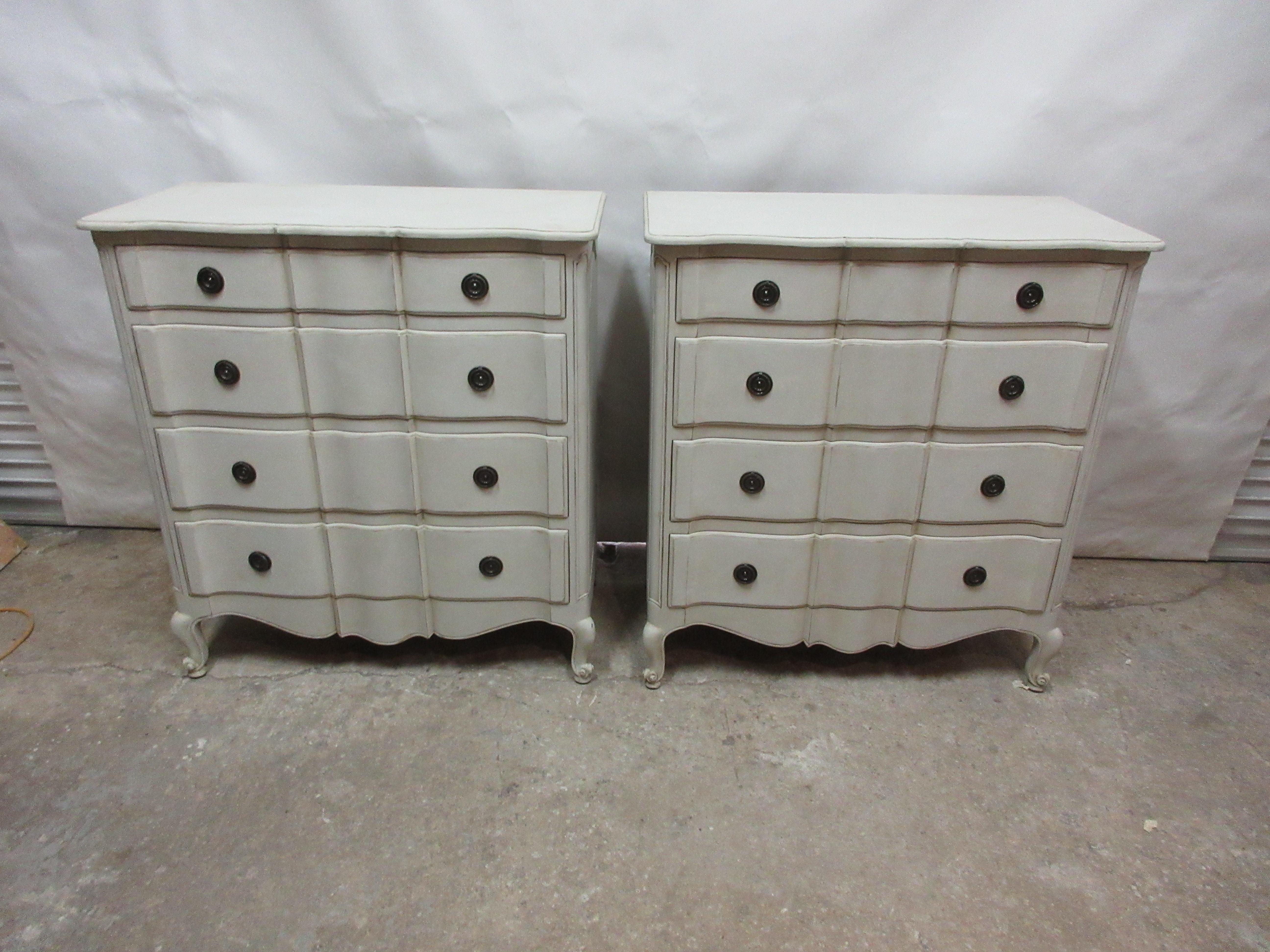 This is an unusual set of 2 Rococo style 4 drawer chest. They have been restored and repainted with Milk Paints 