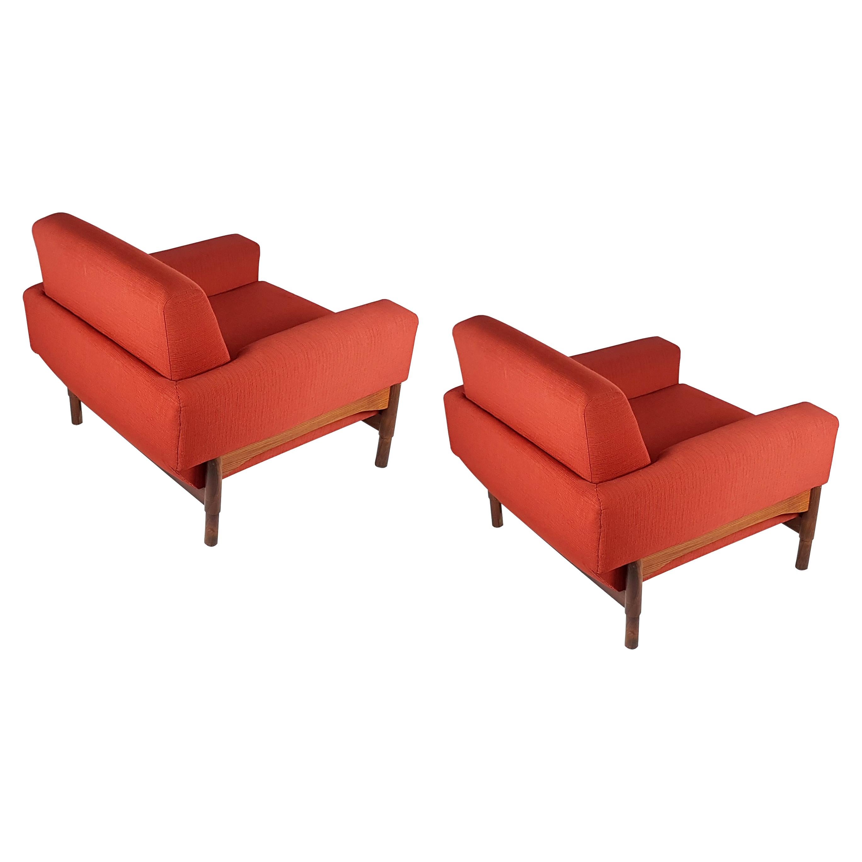 Pair of Wood & Brick Red Fabric 1960 Armchair by S. Saporiti for F.Lli Saporiti