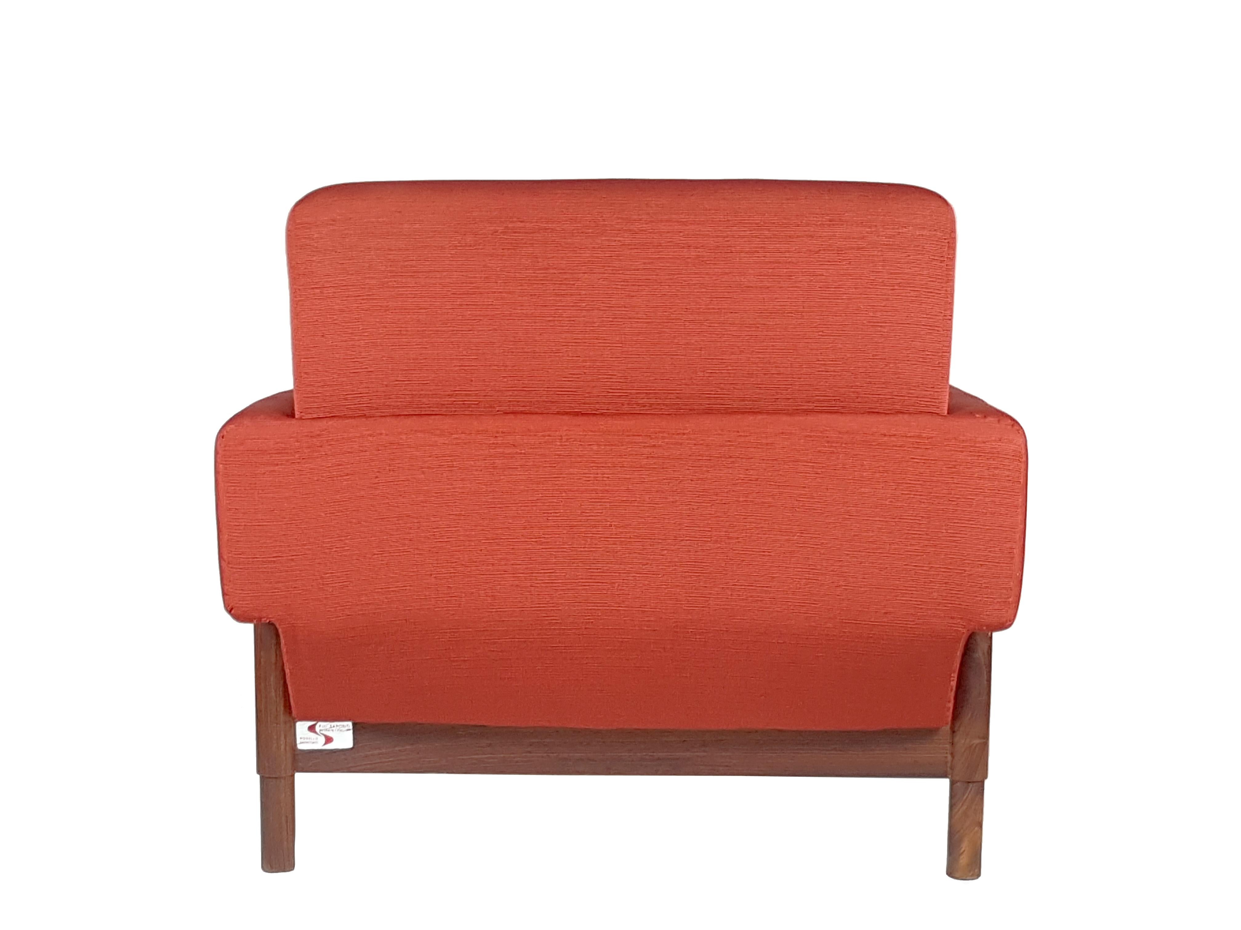 Pair of Wood & Brick Red Fabric 1960 Armchair by S. Saporiti for F.Lli Saporiti For Sale 4