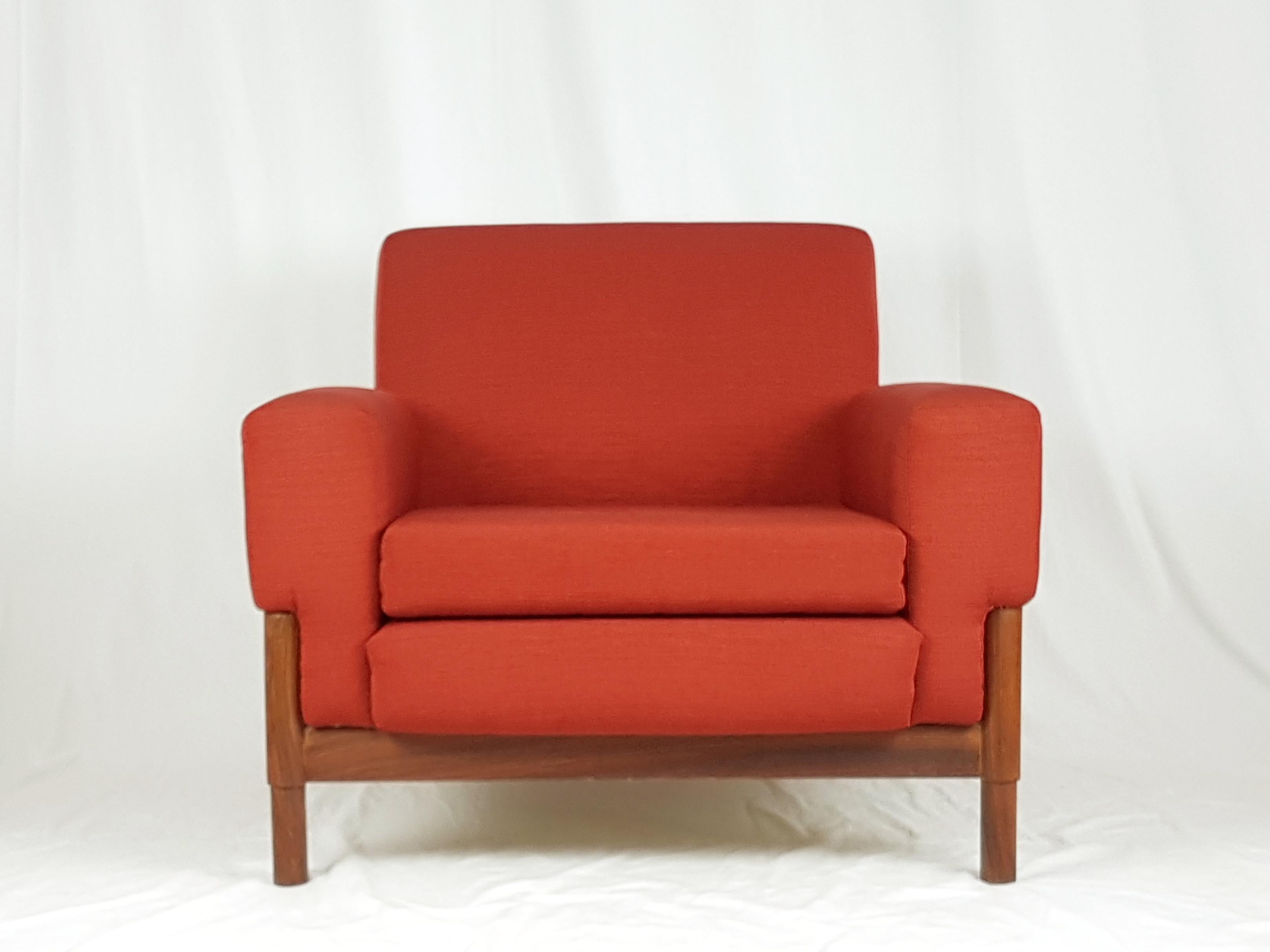 Pair of Wood & Brick Red Fabric 1960 Armchair by S. Saporiti for F.Lli Saporiti For Sale 8