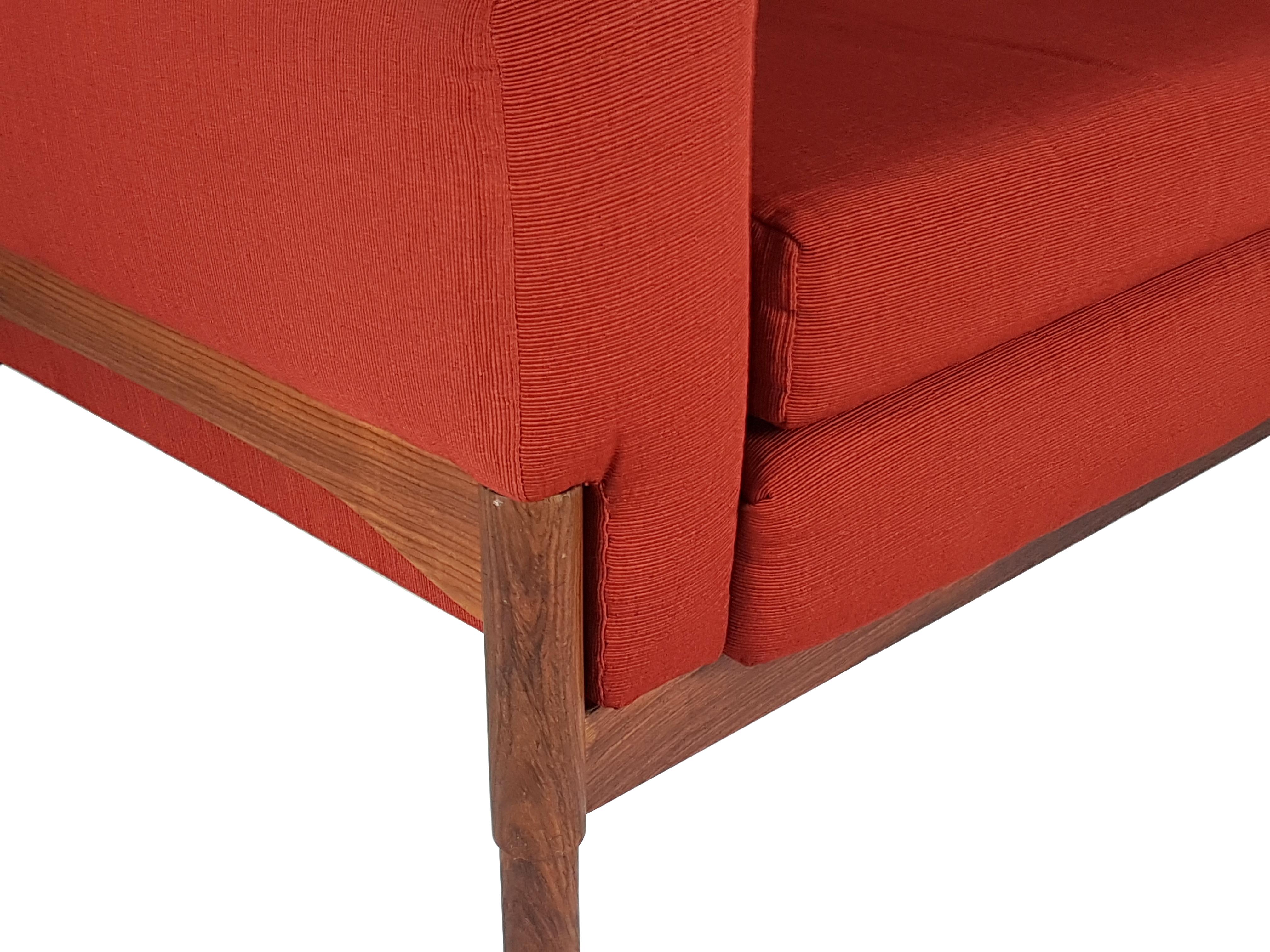 Italian Pair of Wood & Brick Red Fabric 1960 Armchair by S. Saporiti for F.Lli Saporiti For Sale