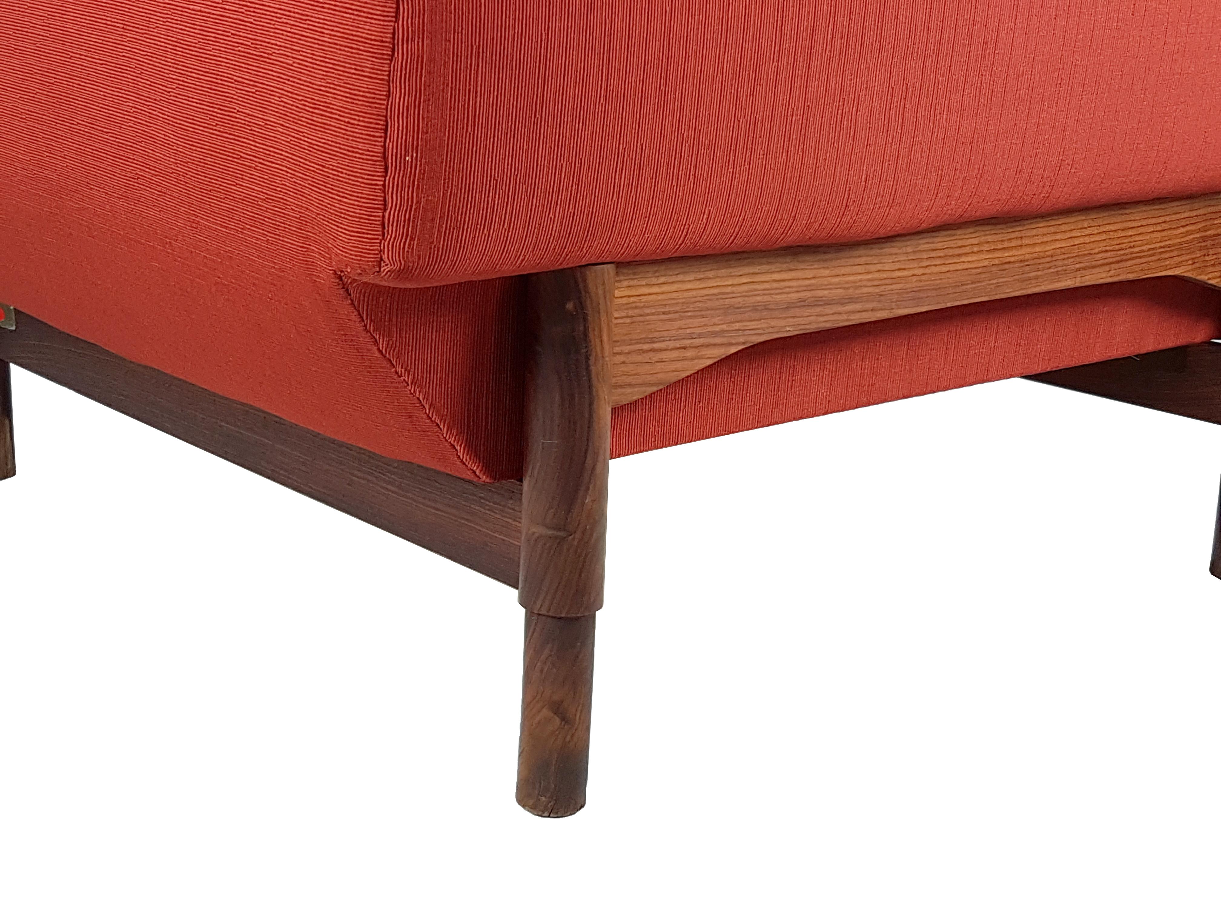 Pair of Wood & Brick Red Fabric 1960 Armchair by S. Saporiti for F.Lli Saporiti For Sale 3