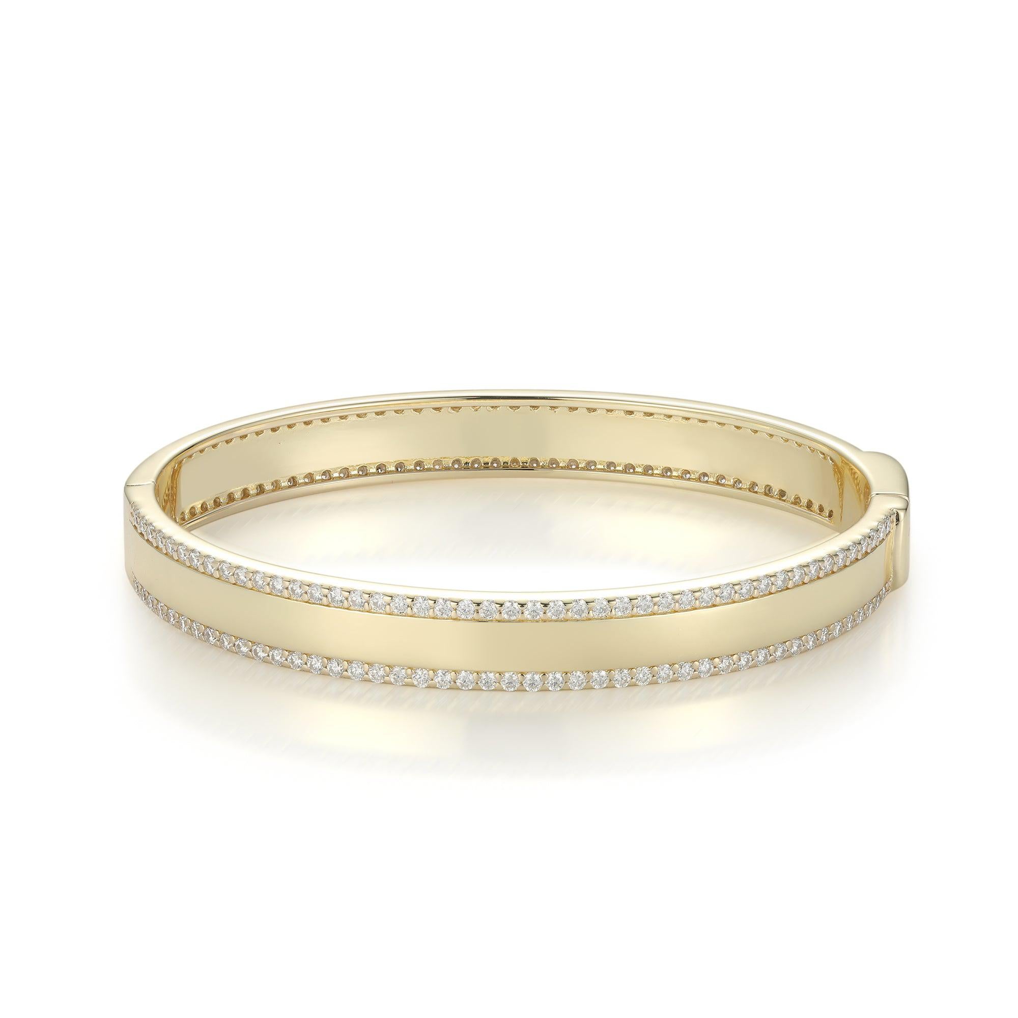Moderne Bracelet jonc en or jaune 14 carats à 2 rangées de diamants ronds en vente
