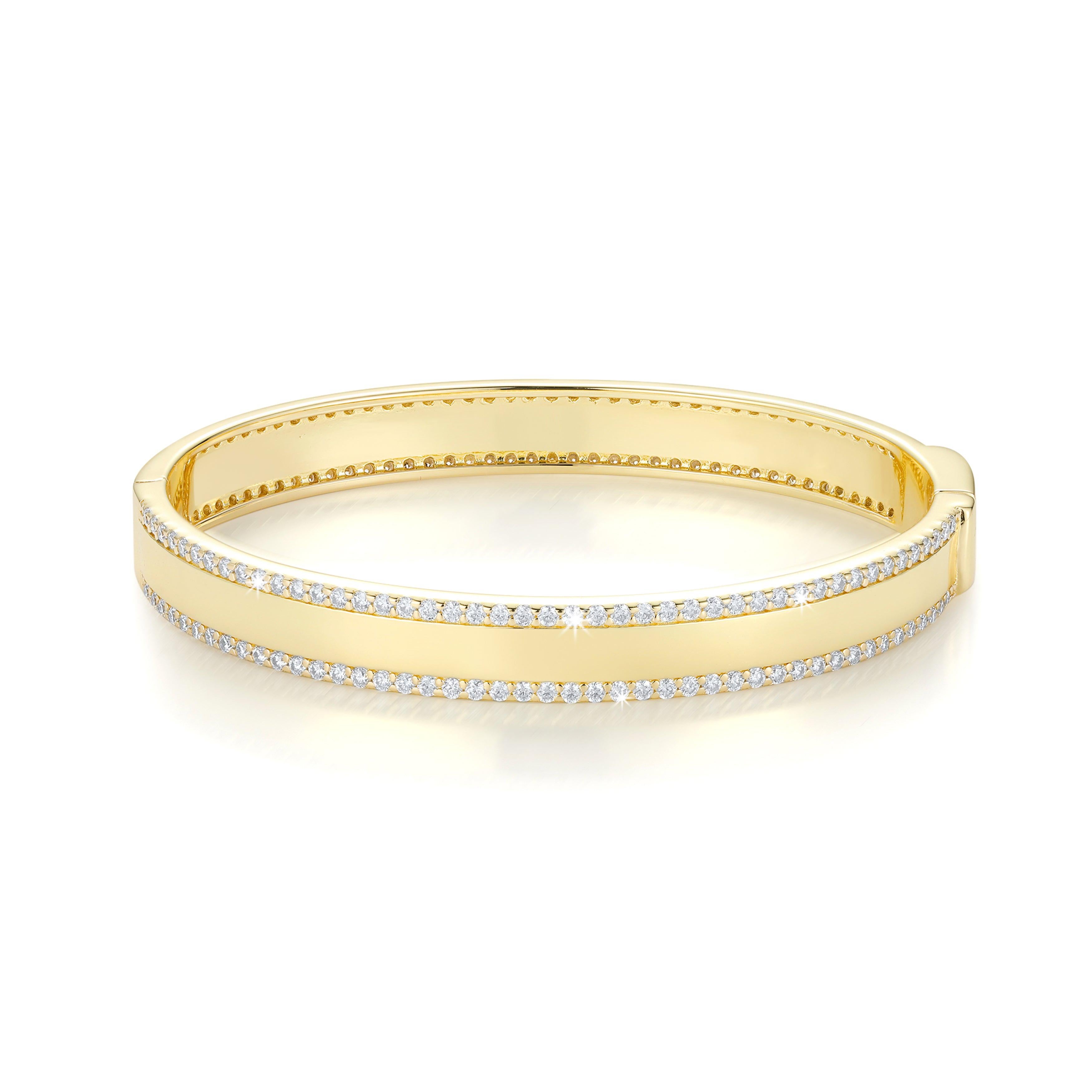 Taille ronde Bracelet jonc en or jaune 14 carats à 2 rangées de diamants ronds en vente