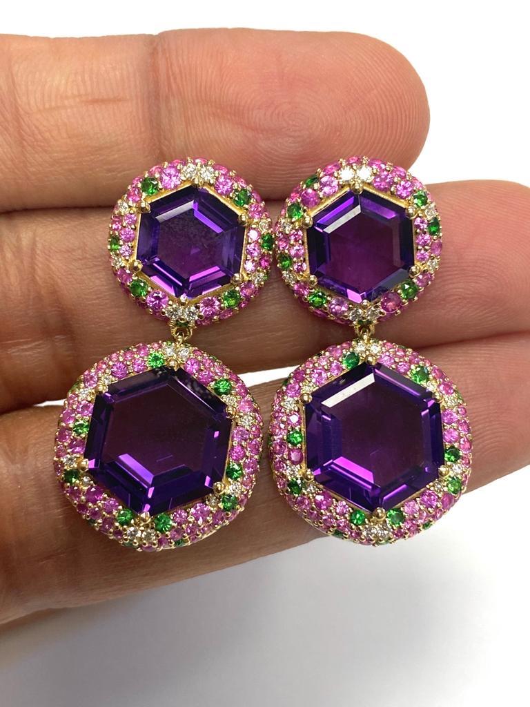 Goshwara Hexagon Amethyst With Pink Sapphire, Tsavorite And Diamond Earrings 4