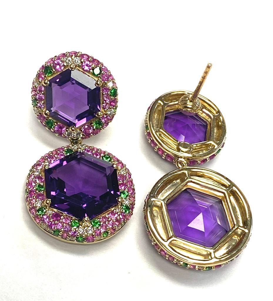 Goshwara Hexagon Amethyst With Pink Sapphire, Tsavorite And Diamond Earrings 5