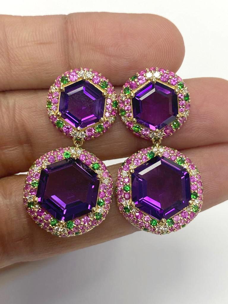2 Row Hexagon Amethyst Danglers with Pink Sapphire and Tsavorite in 18K Yellow Gold, from 'G-One' Collection.

Diamonds: G-H / VS, Approx Wt.:  0.35 Carats
