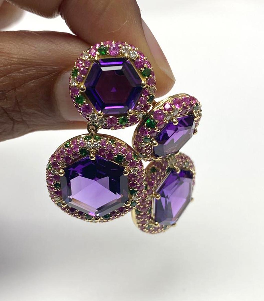 Hexagon Cut Goshwara Hexagon Amethyst With Pink Sapphire, Tsavorite And Diamond Earrings