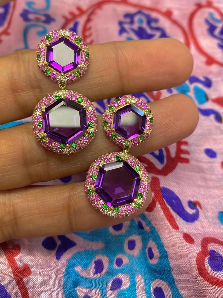 Goshwara Hexagon Amethyst With Pink Sapphire, Tsavorite And Diamond Earrings 2