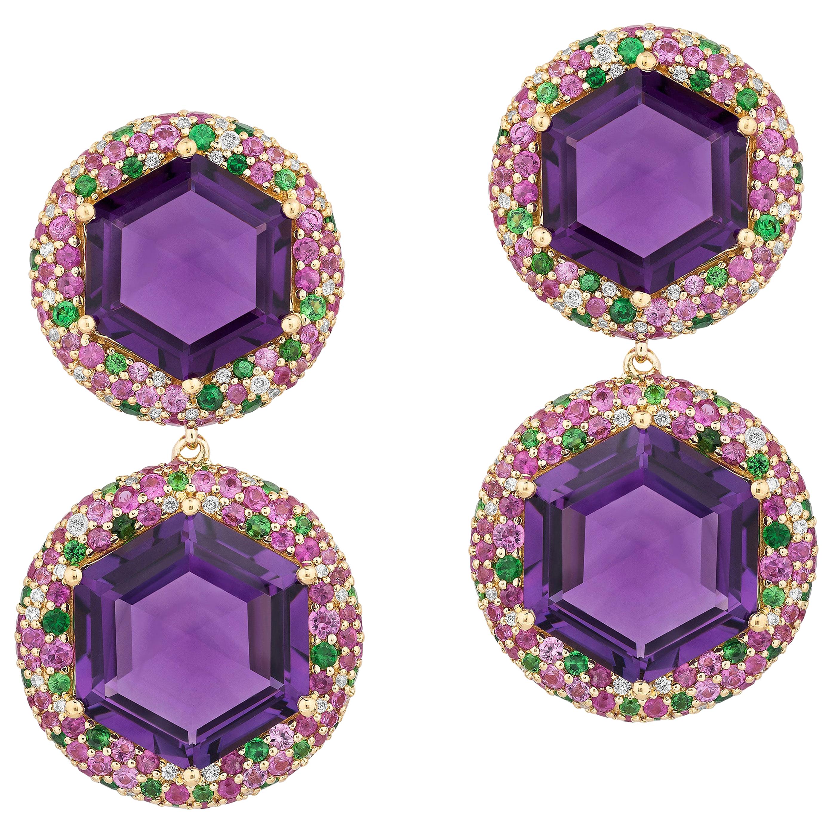 Goshwara Hexagon Amethyst With Pink Sapphire, Tsavorite And Diamond Earrings
