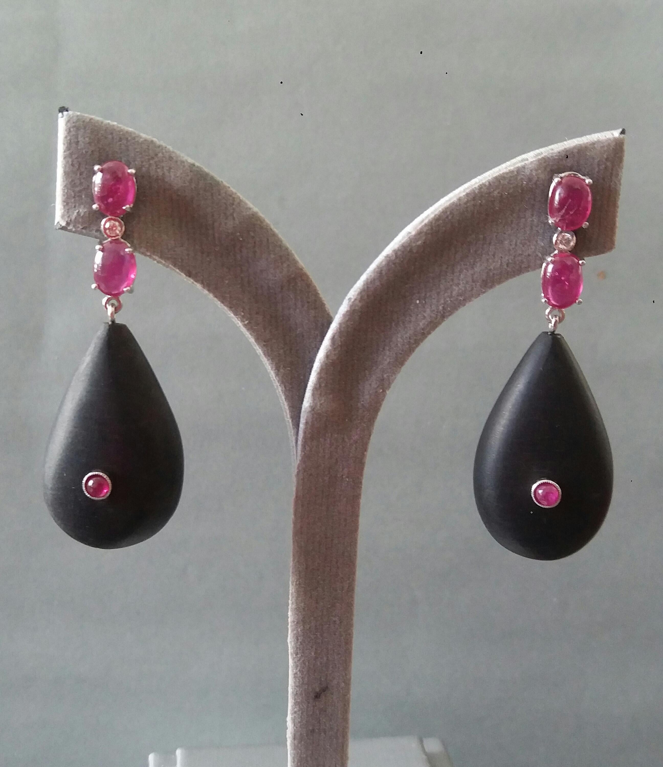 2 Ruby Oval Cabs 14K White Gold Diamonds Natural Ebony Wood Plain Drops Earrings For Sale 4
