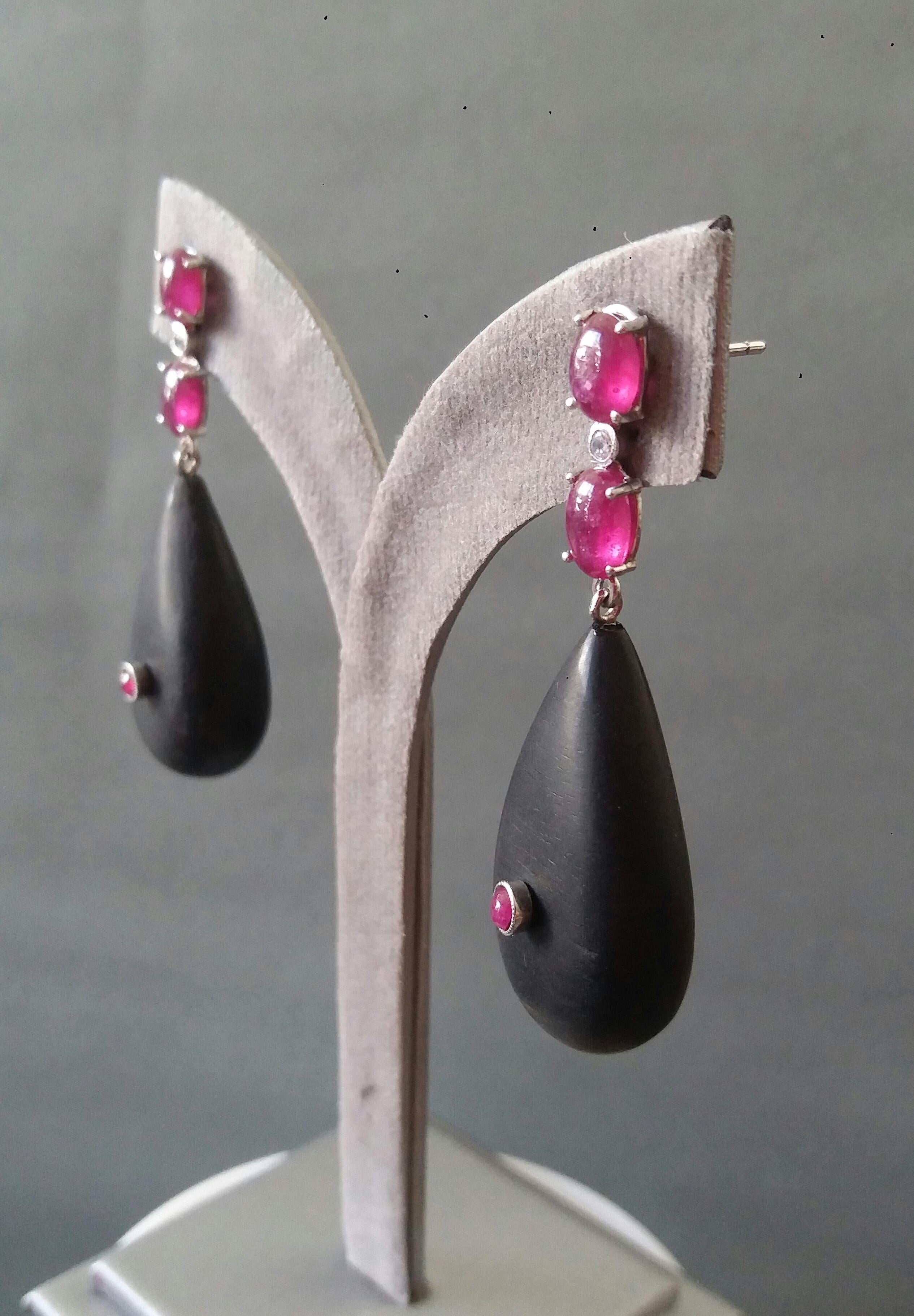2 Ruby Oval Cabs 14K White Gold Diamonds Natural Ebony Wood Plain Drops Earrings For Sale 5