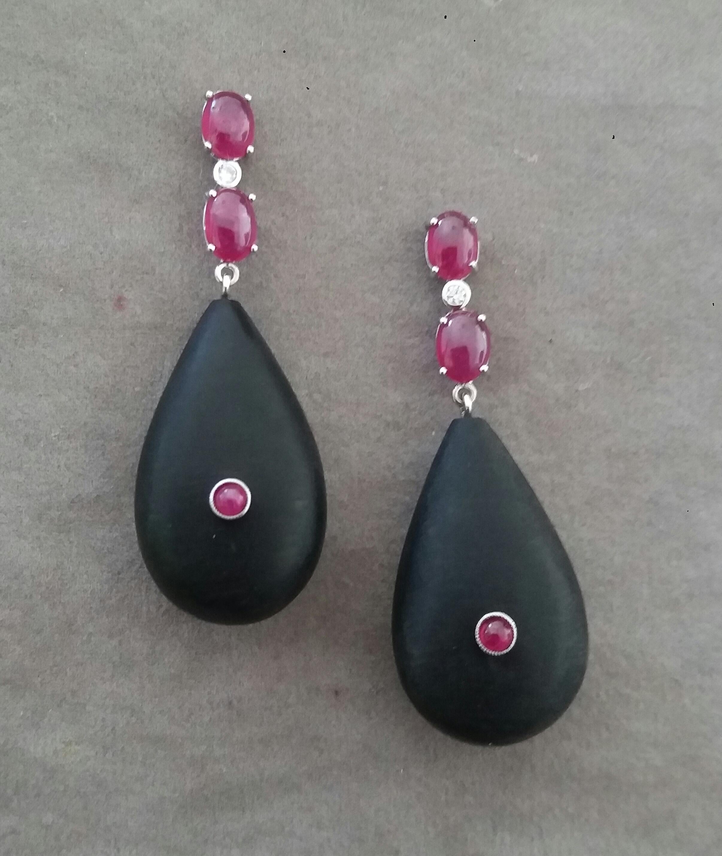 Contemporary 2 Ruby Oval Cabs 14K White Gold Diamonds Natural Ebony Wood Plain Drops Earrings For Sale