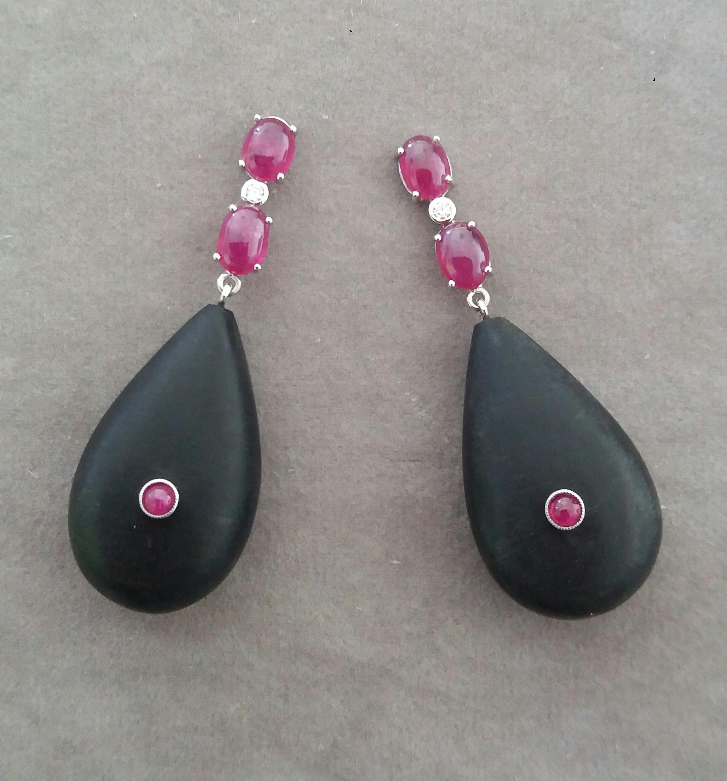 Mixed Cut 2 Ruby Oval Cabs 14K White Gold Diamonds Natural Ebony Wood Plain Drops Earrings For Sale