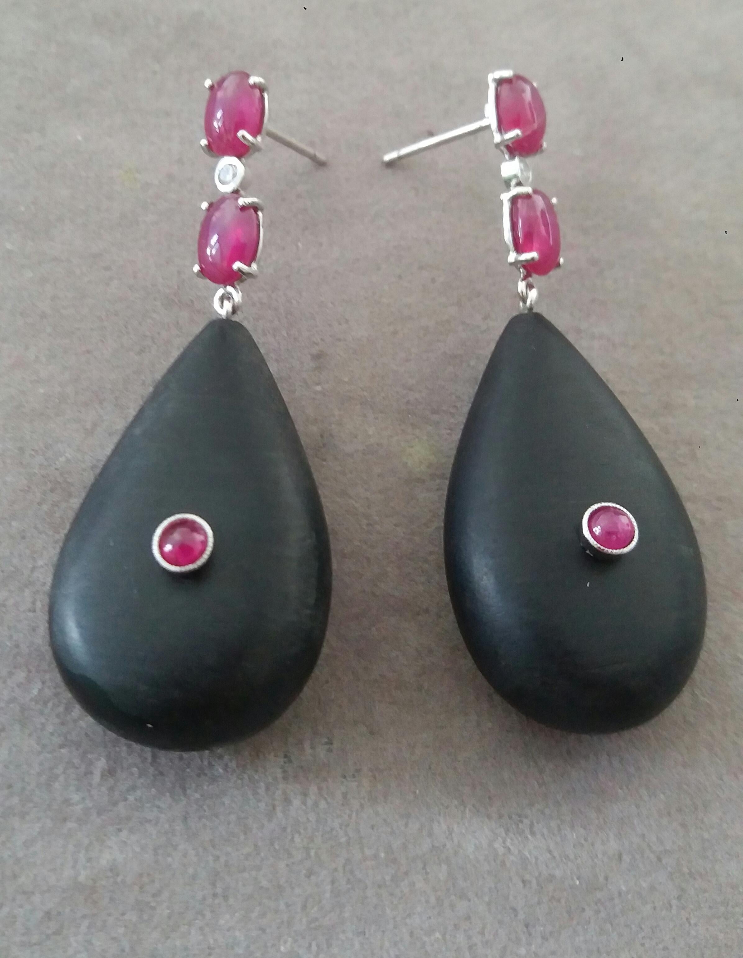 2 Ruby Oval Cabs 14K White Gold Diamonds Natural Ebony Wood Plain Drops Earrings For Sale 1