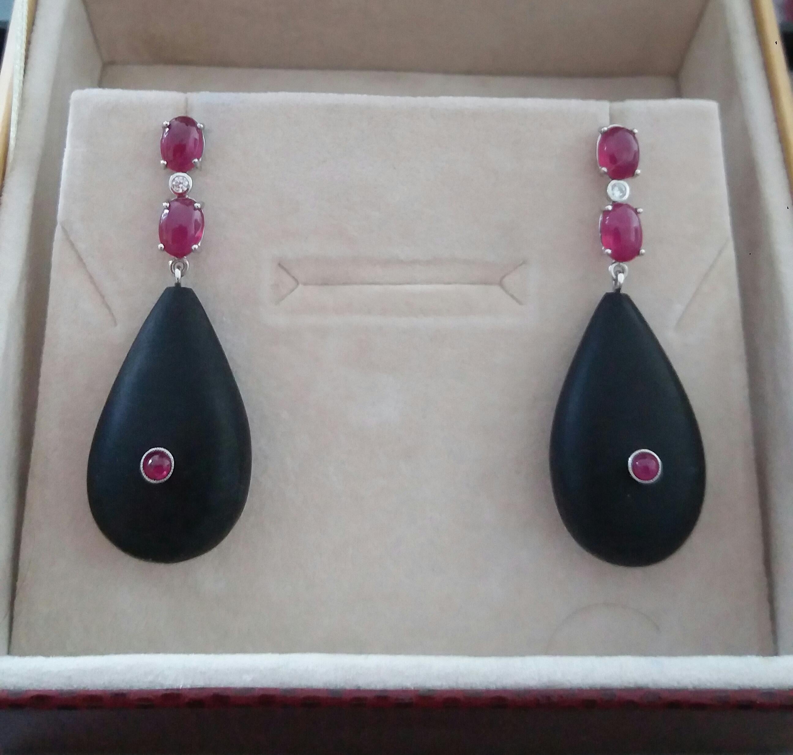 2 Ruby Oval Cabs 14K White Gold Diamonds Natural Ebony Wood Plain Drops Earrings For Sale 2