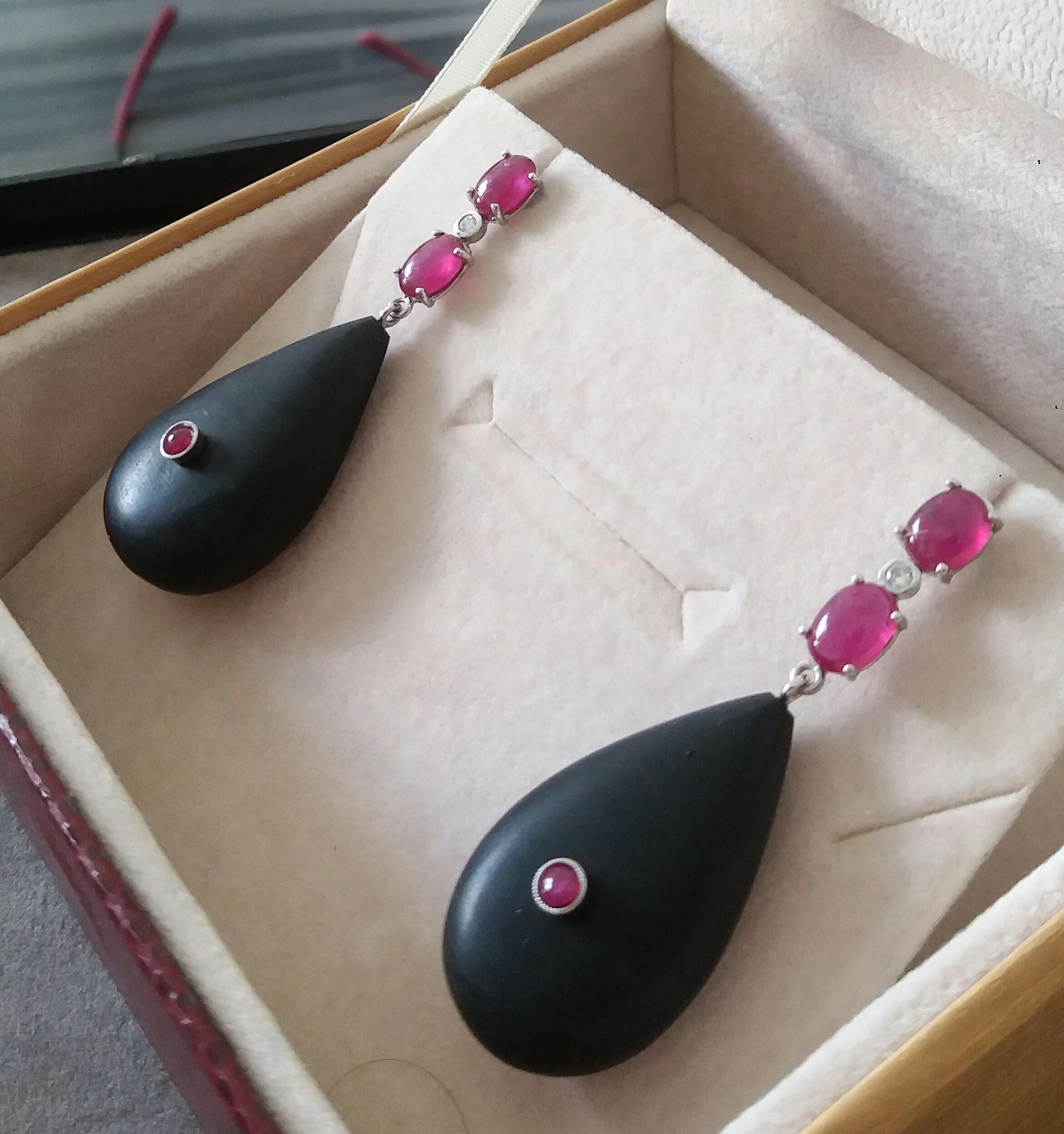 2 Ruby Oval Cabs 14K White Gold Diamonds Natural Ebony Wood Plain Drops Earrings For Sale 3