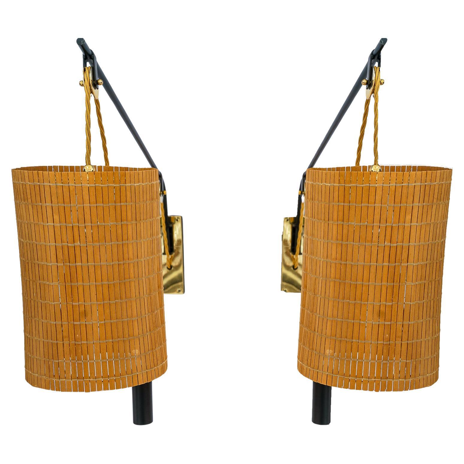 2 Rupert nikoll adjustable in hight with original wicker shades around 1950s For Sale
