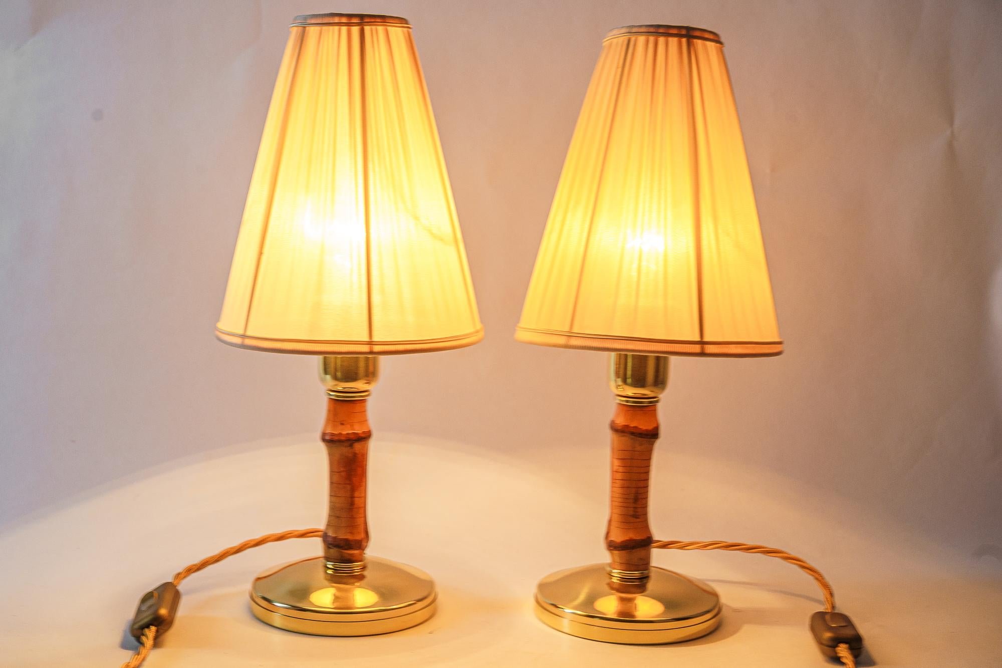 2 Rupert Nikoll Bamboo Table Lamps with Fabric Shades Austria Around 1950s In Good Condition For Sale In Wien, AT