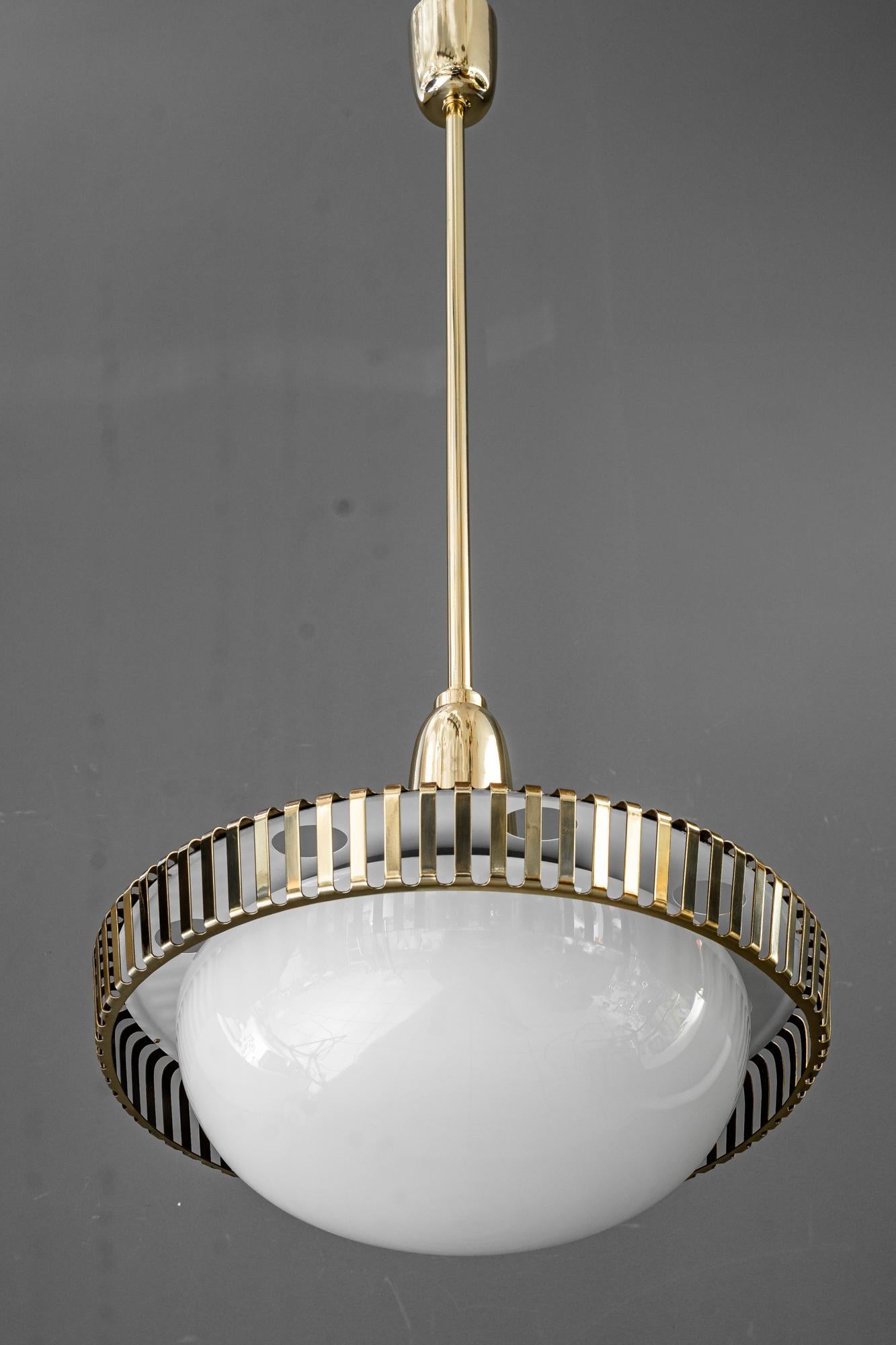 Lacquered 2 Rupert nikoll pendants with original antique opal glass shades vienna 1960s For Sale